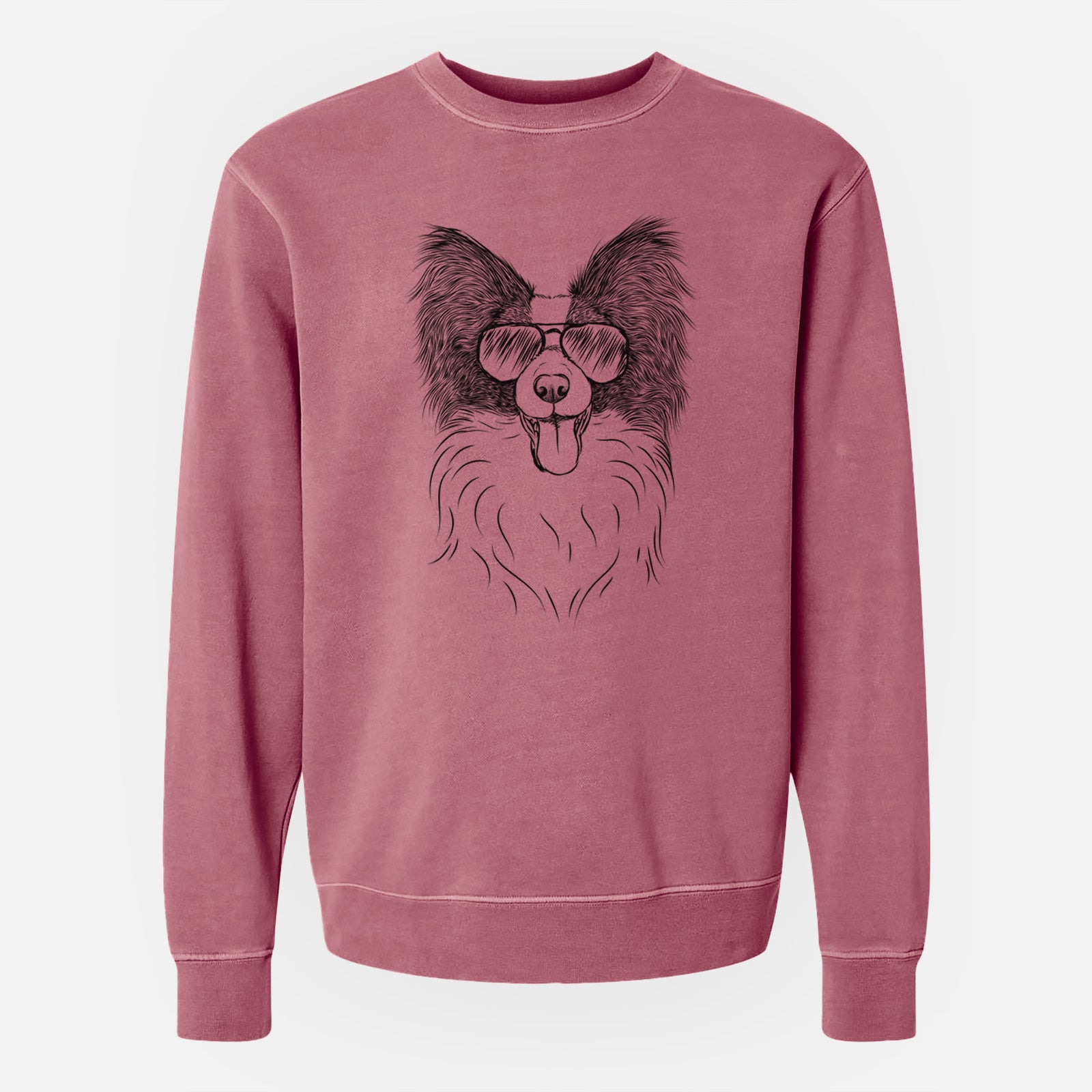 Hand-drawn sketch of Patrick the Papillon wearing aviator sunglasses on a Maroon Unisex pigment dyed crew sweatshirt