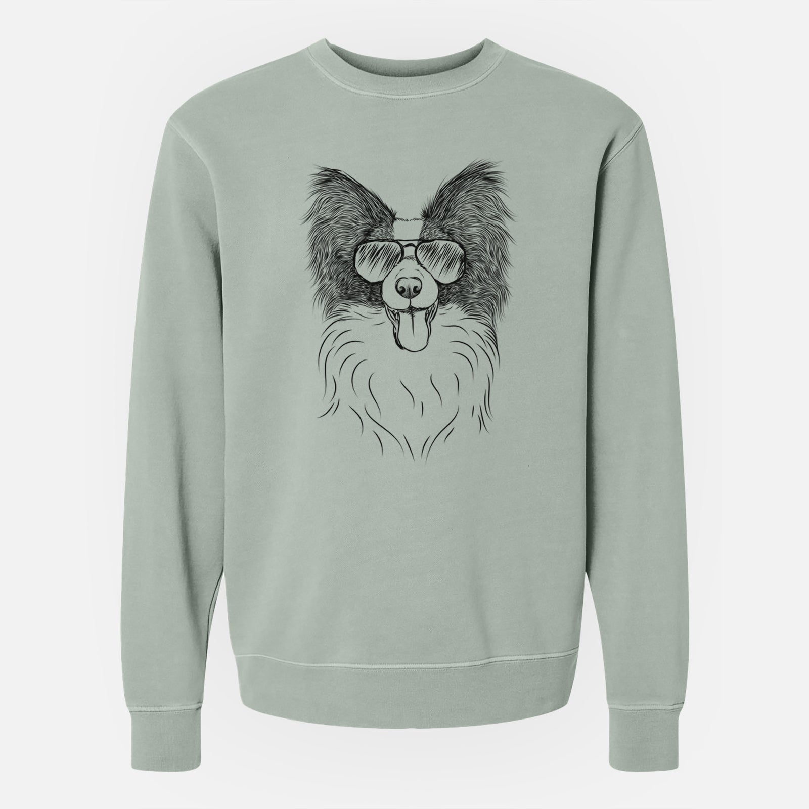Hand-drawn sketch of Patrick the Papillon wearing aviator sunglasses on a Sage Unisex pigment dyed crew sweatshirt