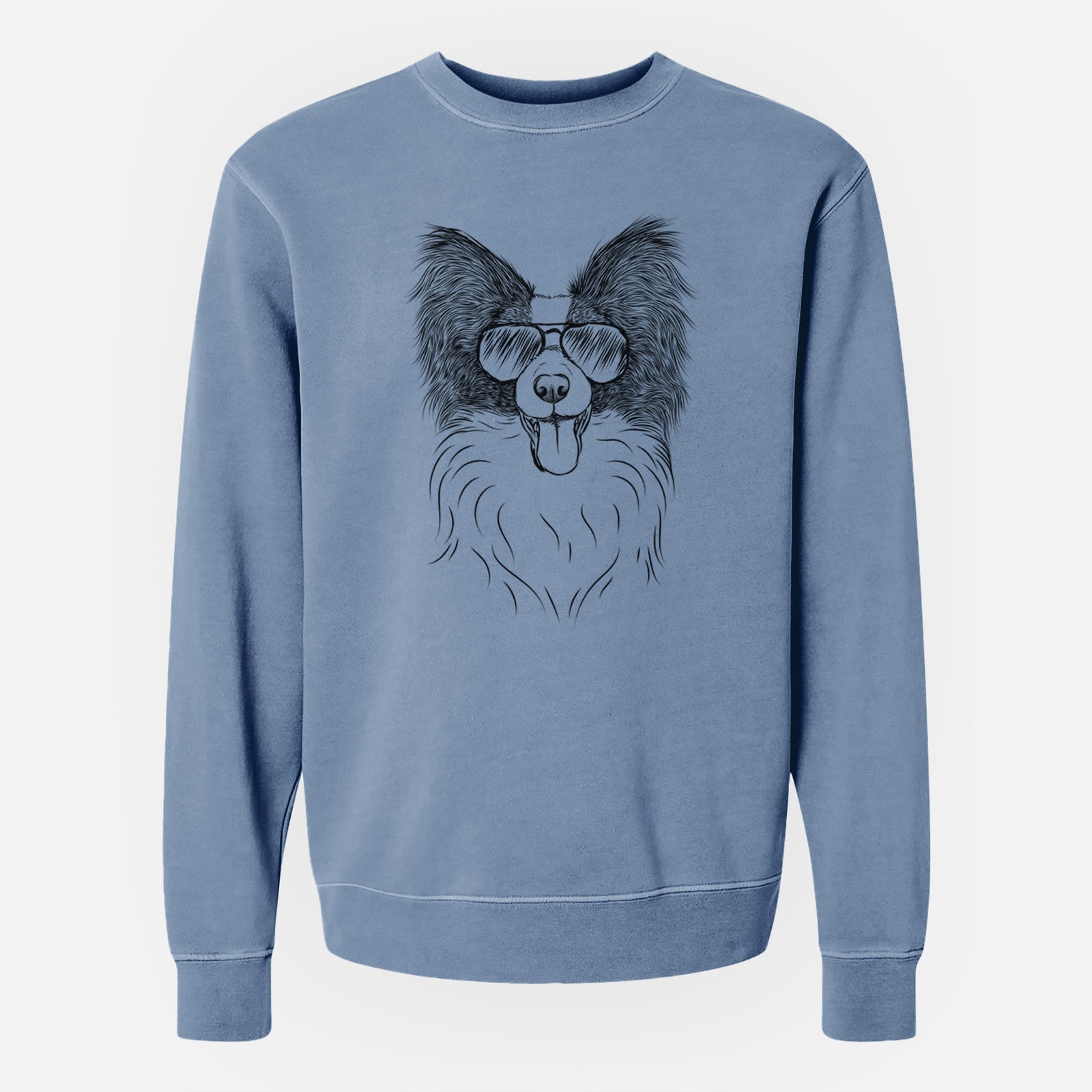 Hand-drawn sketch of Patrick the Papillon wearing aviator sunglasses on a Slate Blue Unisex pigment dyed crew sweatshirt