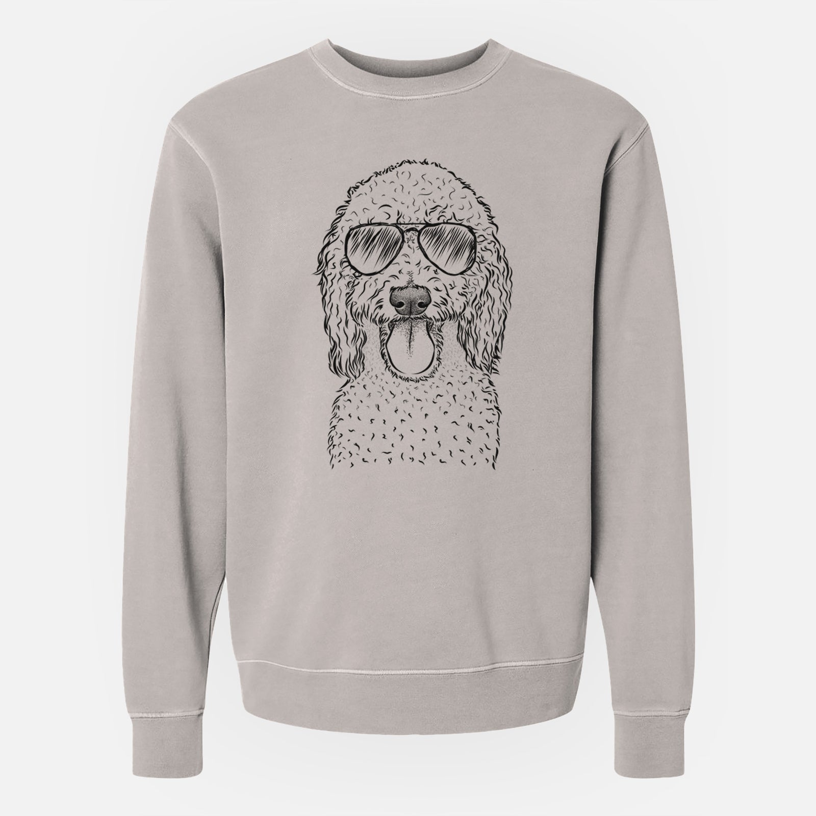 Hand-drawn sketch of Pavlov the Goldendoodle wearing aviator sunglasses on a Cement Unisex pigment dyed crew sweatshirt