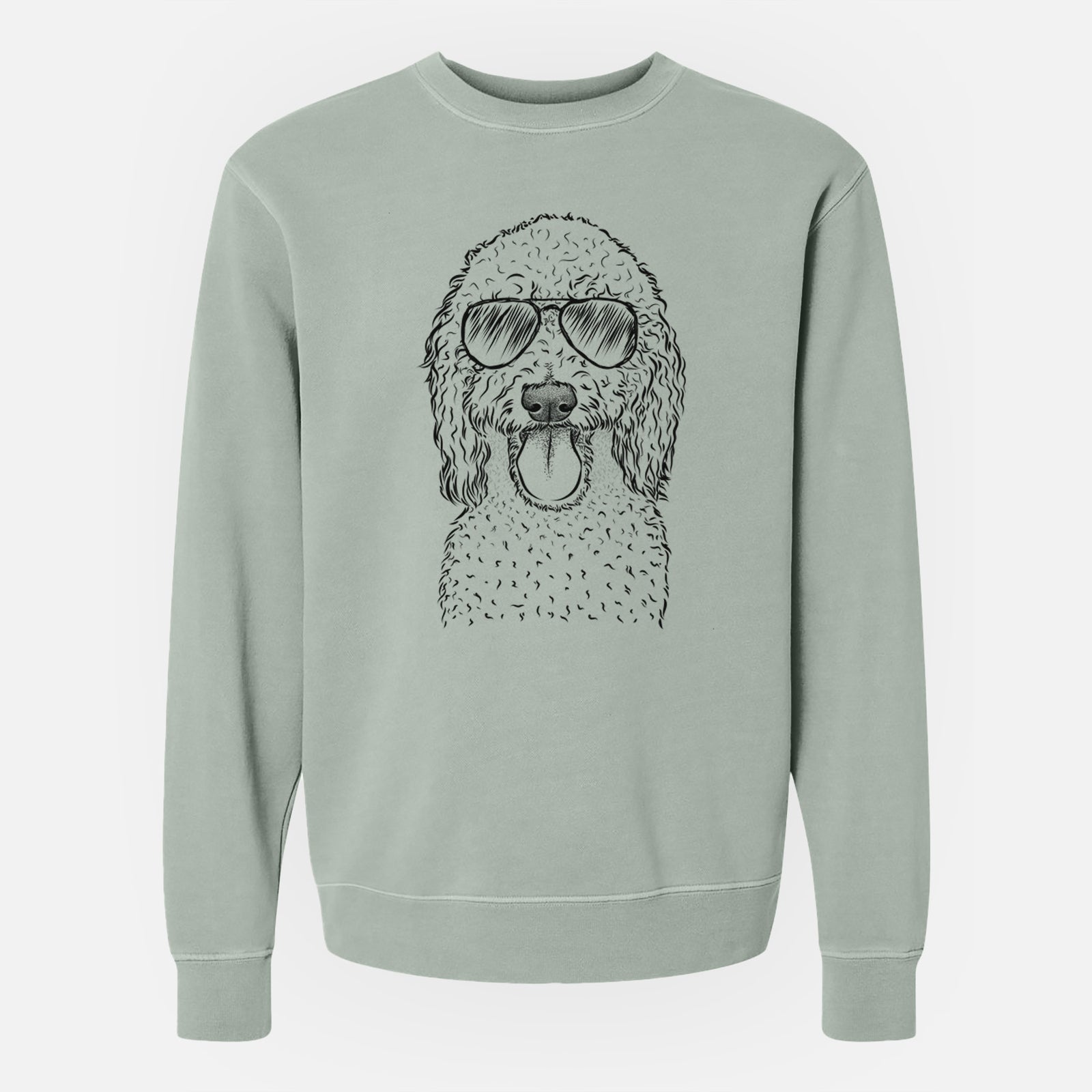 Hand-drawn sketch of Pavlov the Goldendoodle wearing aviator sunglasses on a Sage Unisex pigment dyed crew sweatshirt