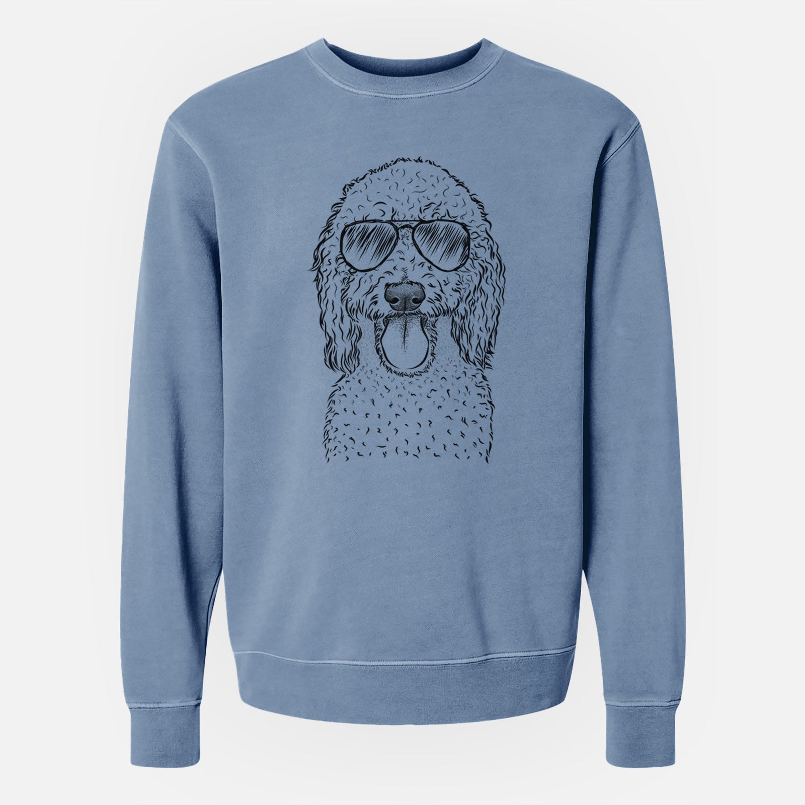 Hand-drawn sketch of Pavlov the Goldendoodle wearing aviator sunglasses on a Slate Blue Unisex pigment dyed crew sweatshirt