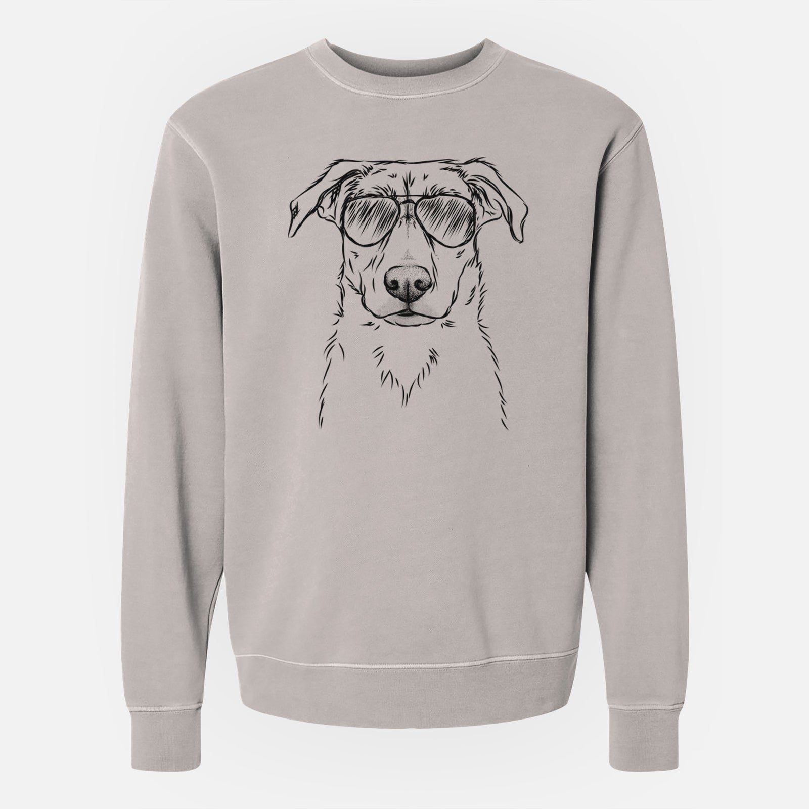 Hand-drawn sketch of Peanut the Lab Mix wearing aviator sunglasses on a Cement Unisex pigment dyed crew sweatshirt