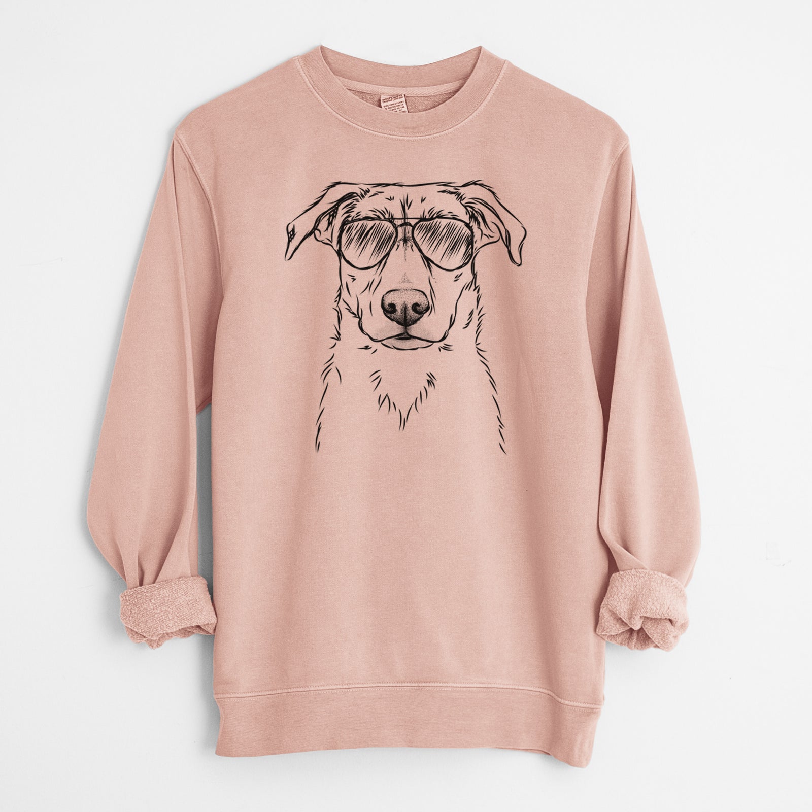 Hand-drawn sketch of Peanut the Lab Mix wearing aviator sunglasses on a Dusty Pink Unisex pigment dyed crew sweatshirt