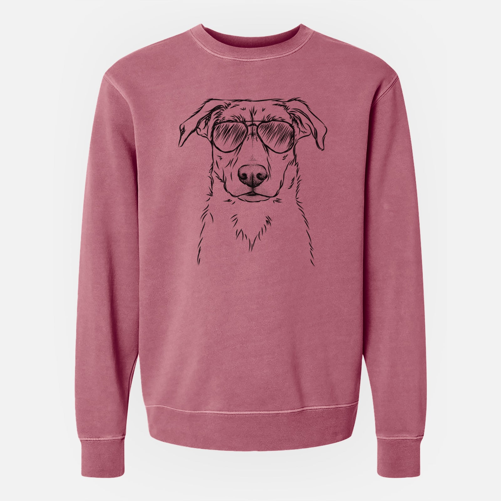 Hand-drawn sketch of Peanut the Lab Mix wearing aviator sunglasses on a Maroon Unisex pigment dyed crew sweatshirt