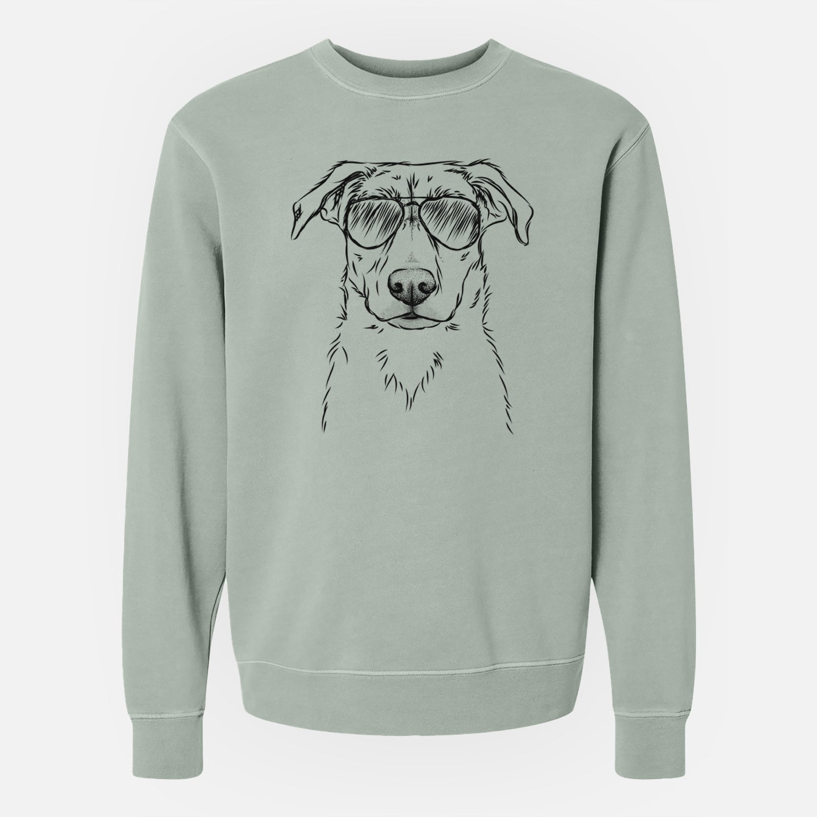 Hand-drawn sketch of Peanut the Lab Mix wearing aviator sunglasses on a Sage Unisex pigment dyed crew sweatshirt
