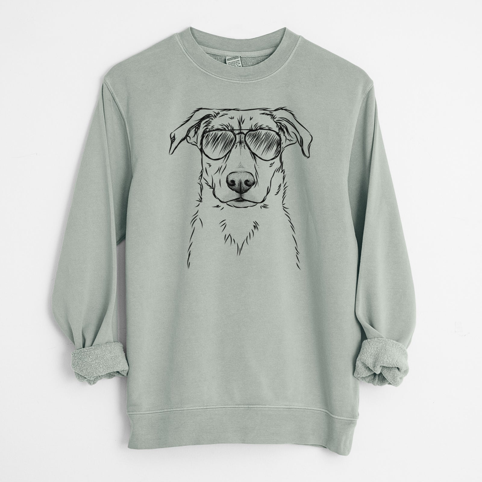 Hand-drawn sketch of Peanut the Lab Mix wearing aviator sunglasses on a Sage Unisex pigment dyed crew sweatshirt