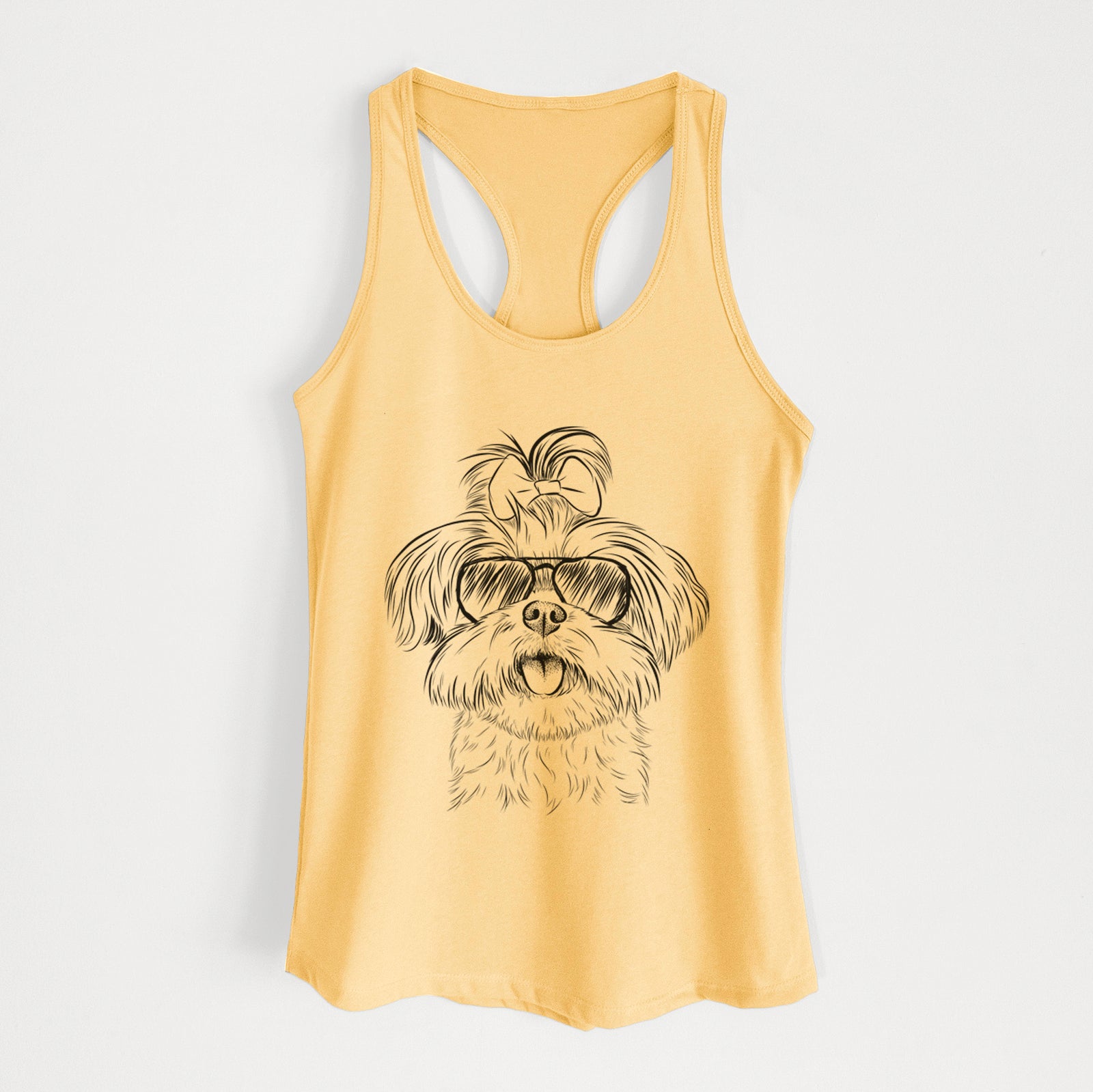 Hand-drawn sketch of Pebbles the Shorkie wearing aviator sunglasses on a Banana Cream Women's racerback tanktop
