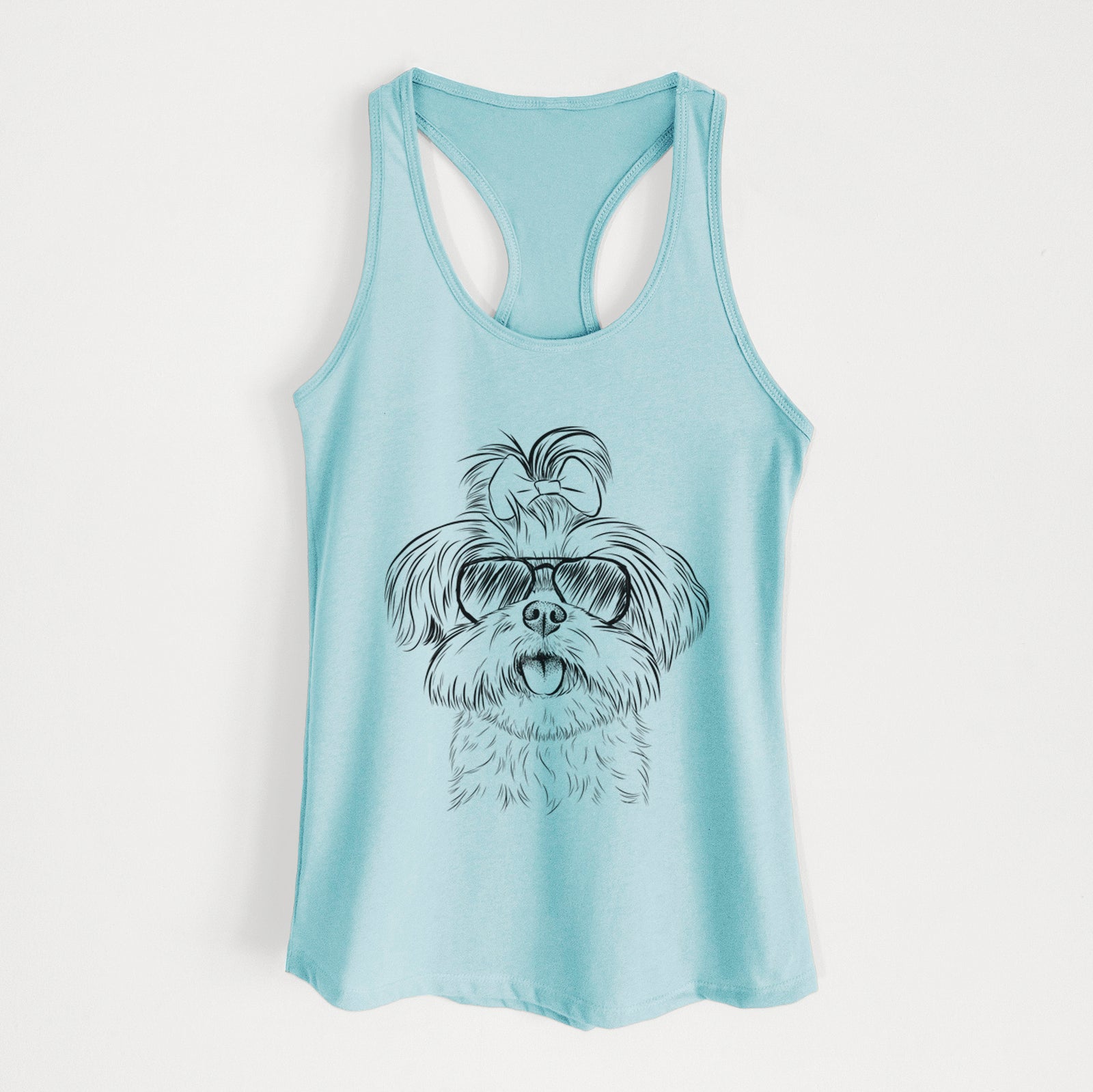 Hand-drawn sketch of Pebbles the Shorkie wearing aviator sunglasses on a Cancun Blue Women's racerback tanktop