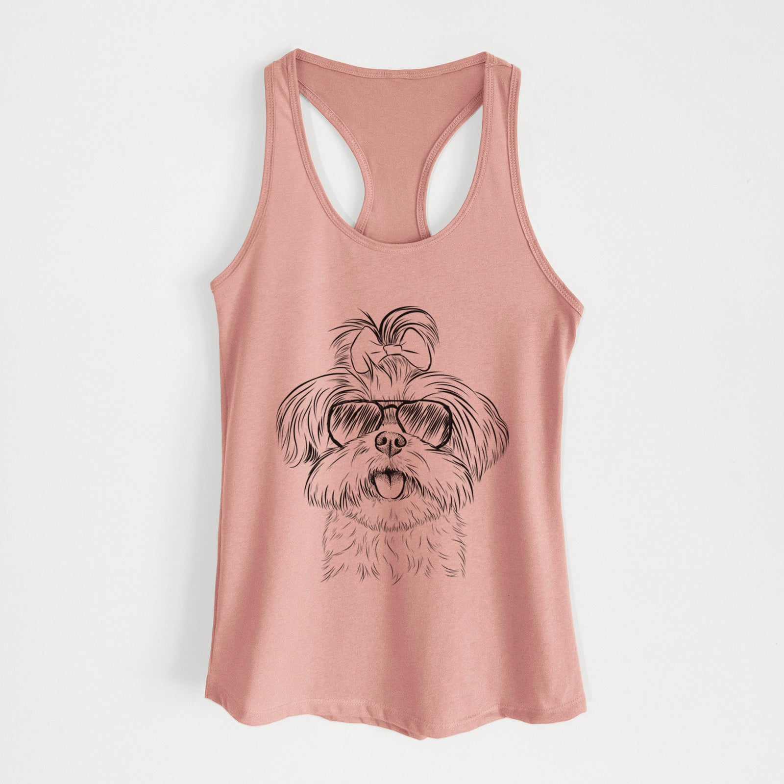 Hand-drawn sketch of Pebbles the Shorkie wearing aviator sunglasses on a Desert Pink Women's racerback tanktop