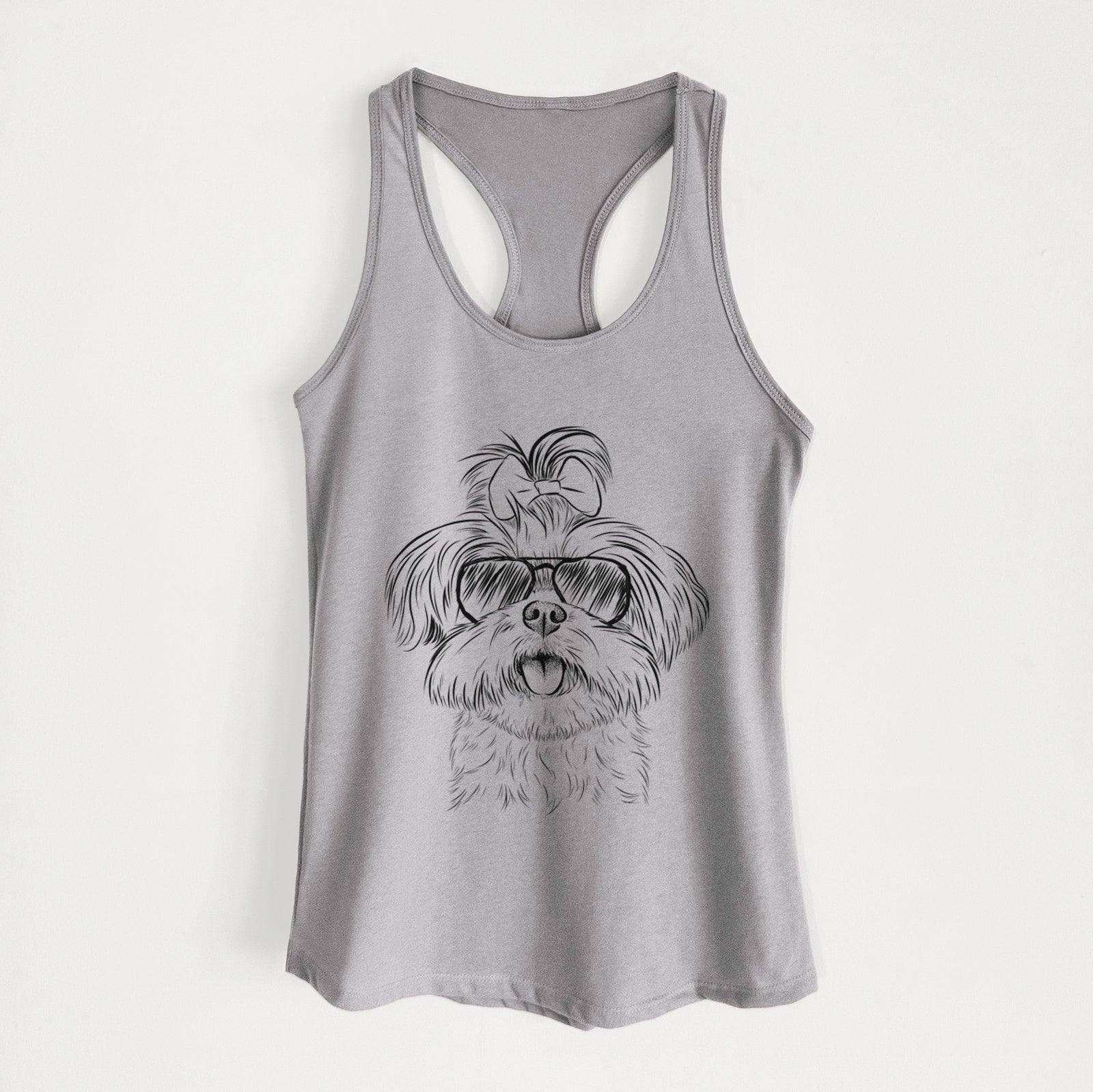 Hand-drawn sketch of Pebbles the Shorkie wearing aviator sunglasses on a Heather Grey Women's racerback tanktop