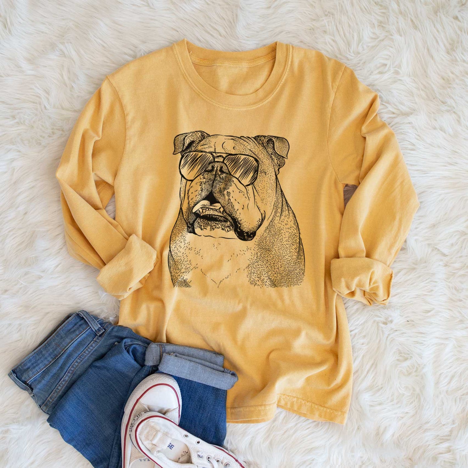 Aviator Piggy the English Bulldog - Men's Heavyweight 100% Cotton Long Sleeve