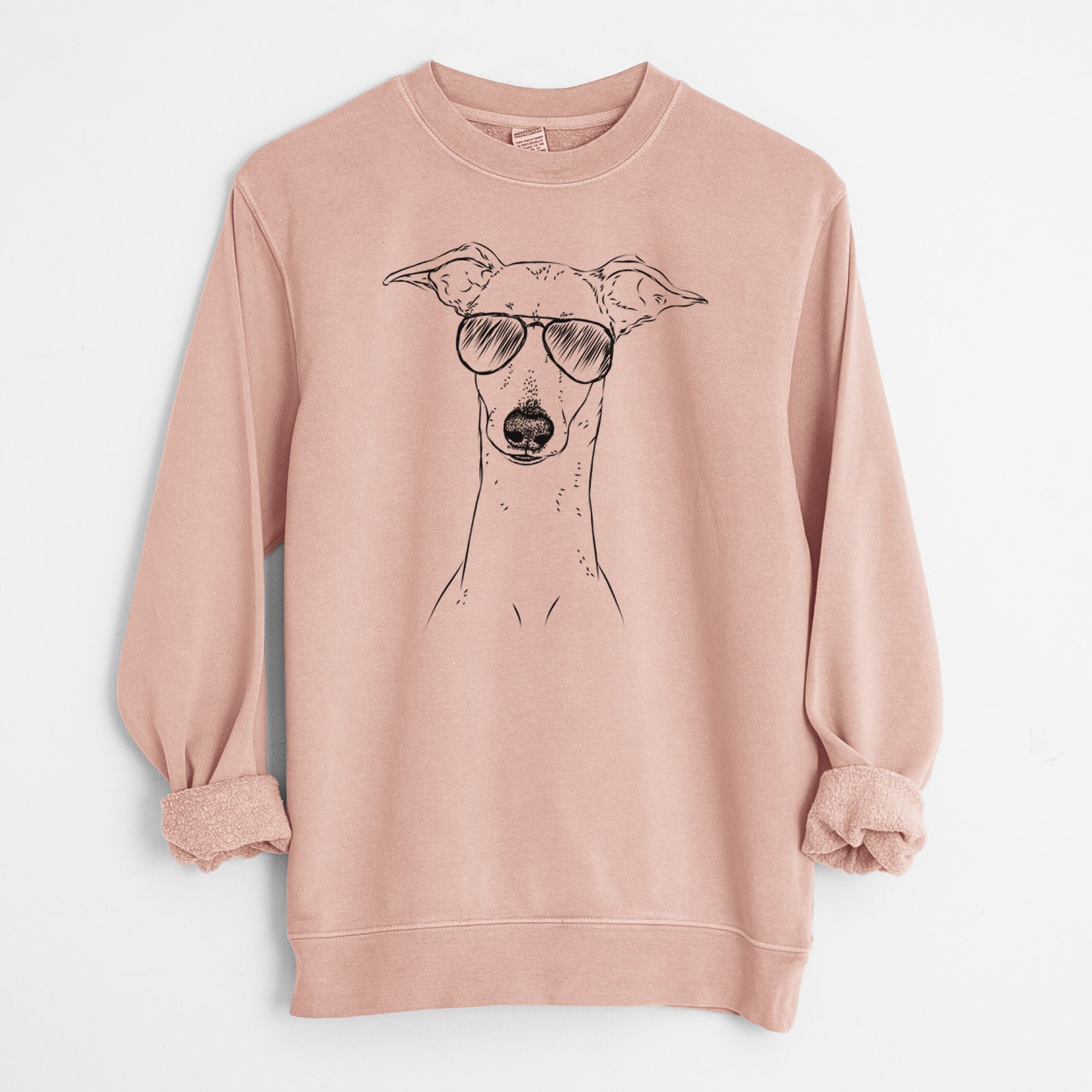 Hand-drawn sketch of Pip the Italian Greyhound wearing aviator sunglasses on a Dusty Pink Unisex pigment dyed crew sweatshirt
