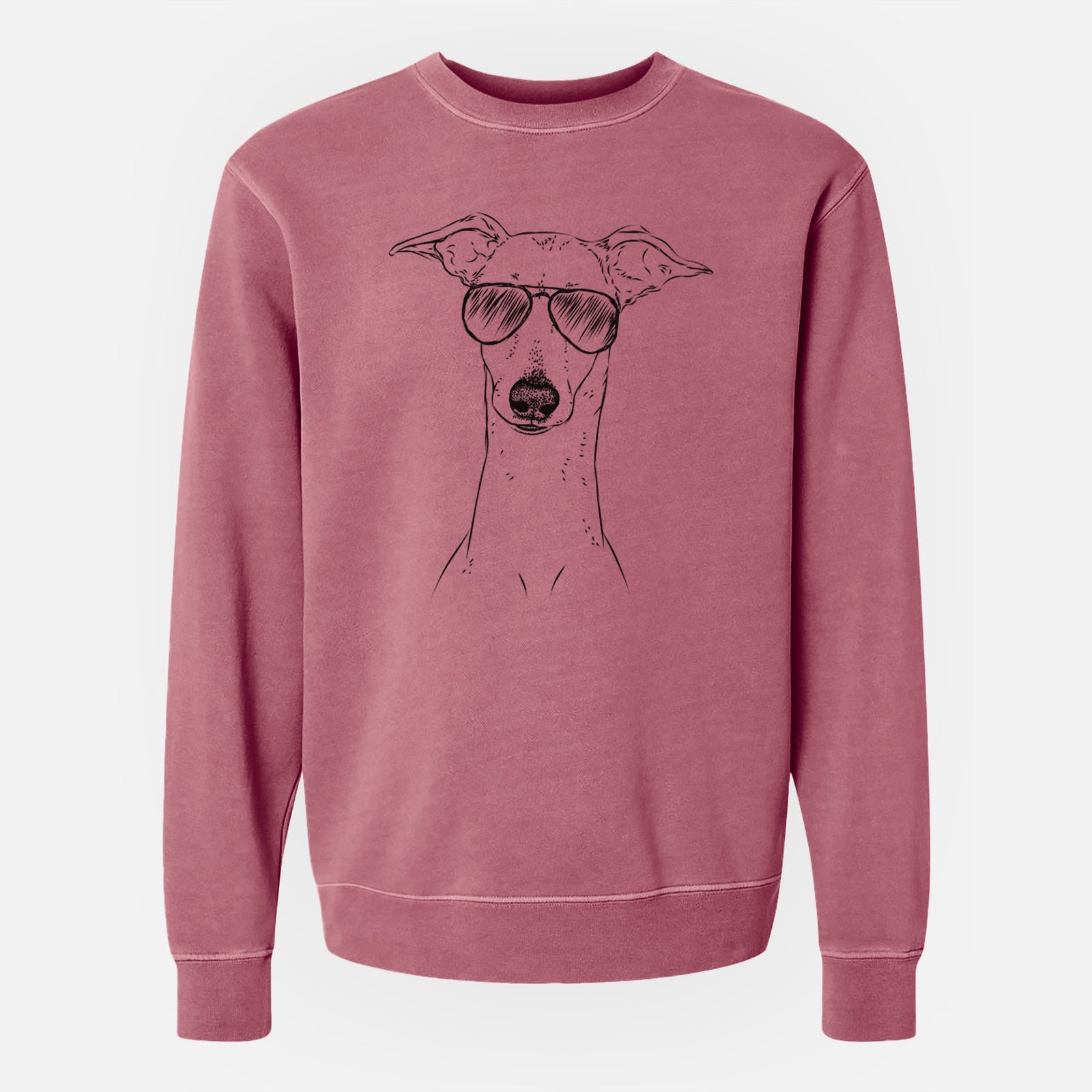 Hand-drawn sketch of Pip the Italian Greyhound wearing aviator sunglasses on a Maroon Unisex pigment dyed crew sweatshirt