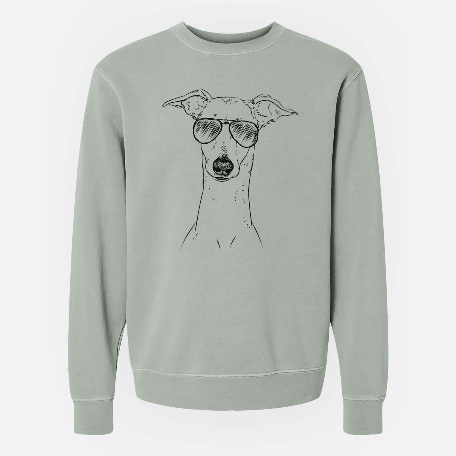 Hand-drawn sketch of Pip the Italian Greyhound wearing aviator sunglasses on a Sage Unisex pigment dyed crew sweatshirt