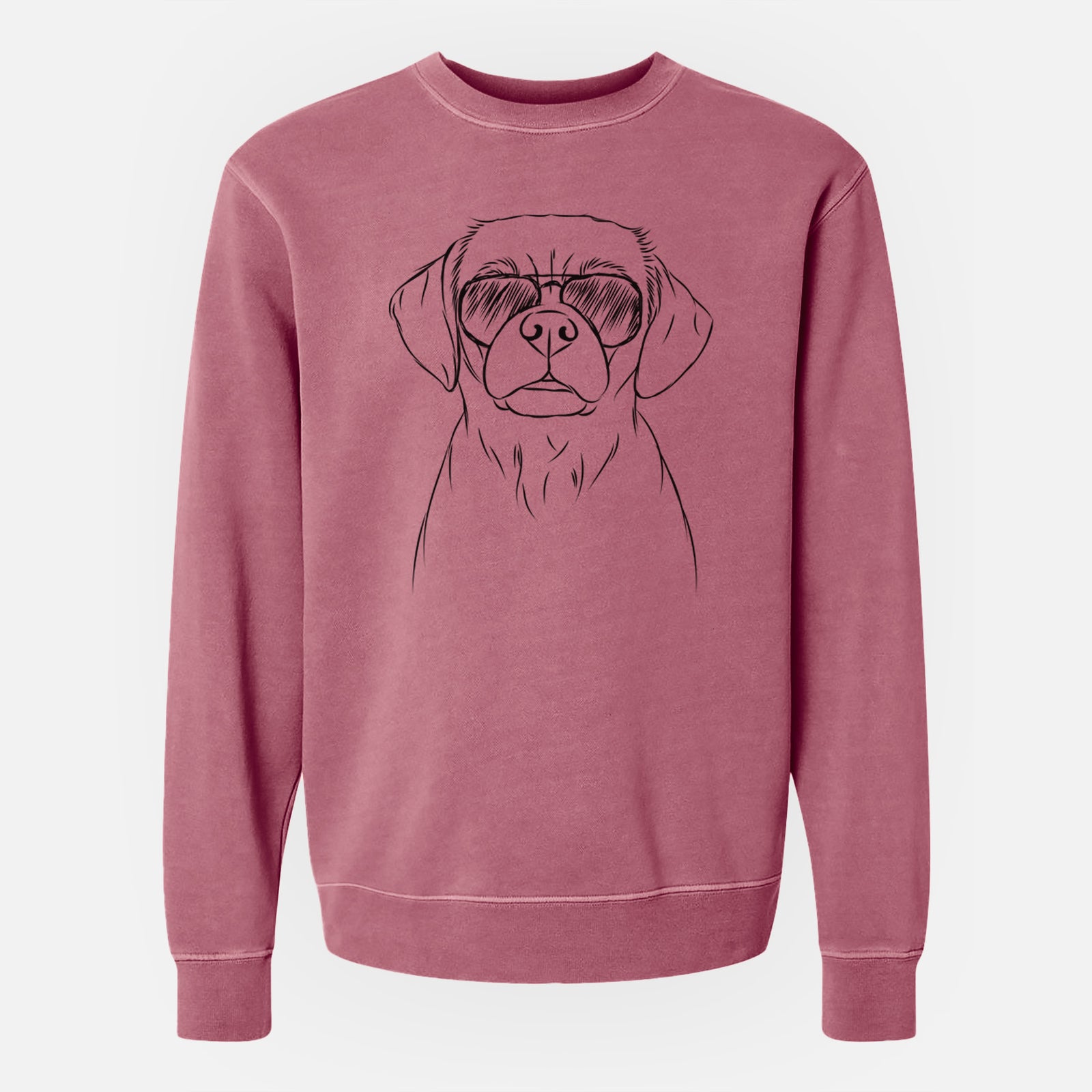 Hand-drawn sketch of Popcorn the Puggle wearing aviator sunglasses on a Maroon Unisex pigment dyed crew sweatshirt