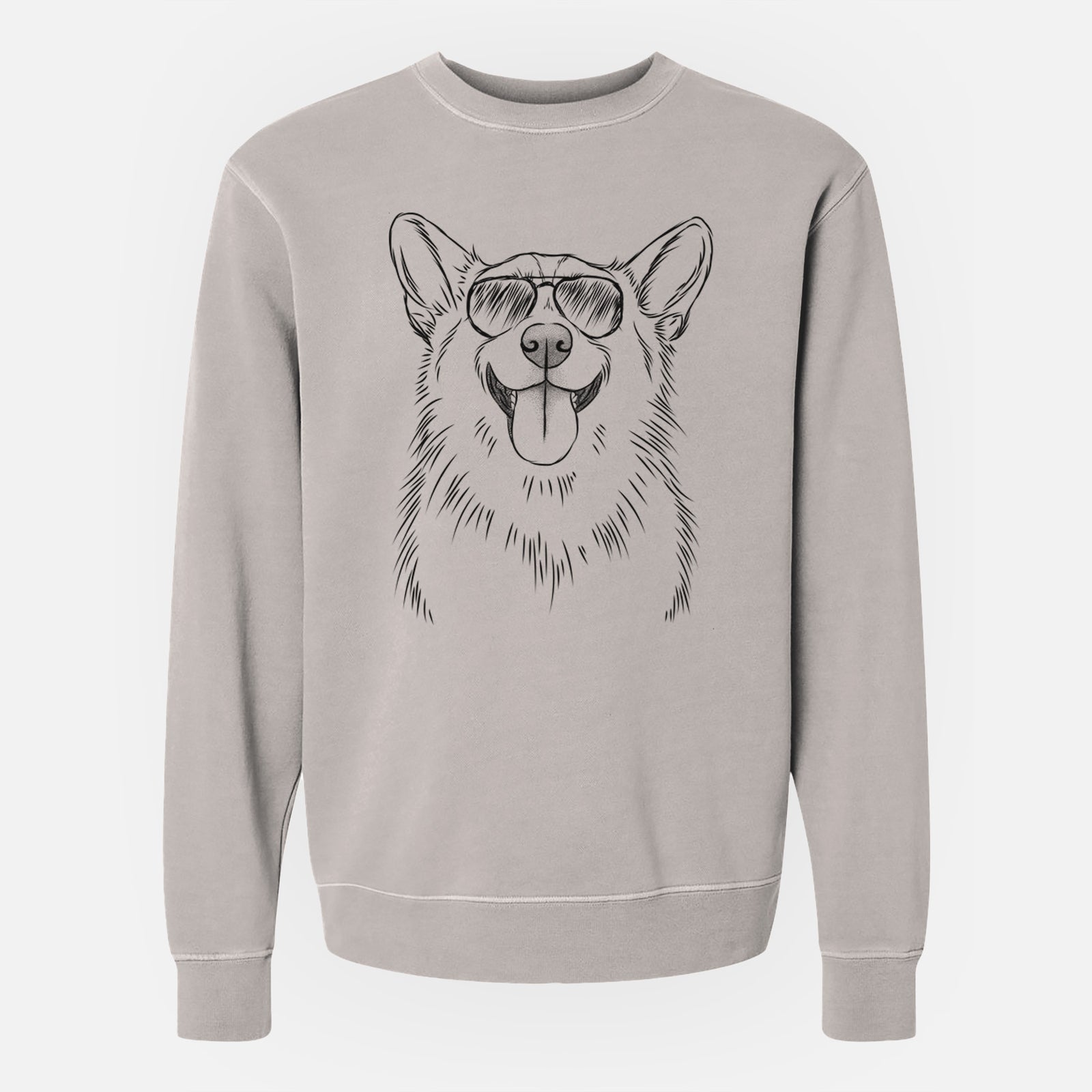 Hand-drawn sketch of Porter the Pembroke Welsh Corgi wearing aviator sunglasses on a Cement Unisex pigment dyed crew sweatshirt