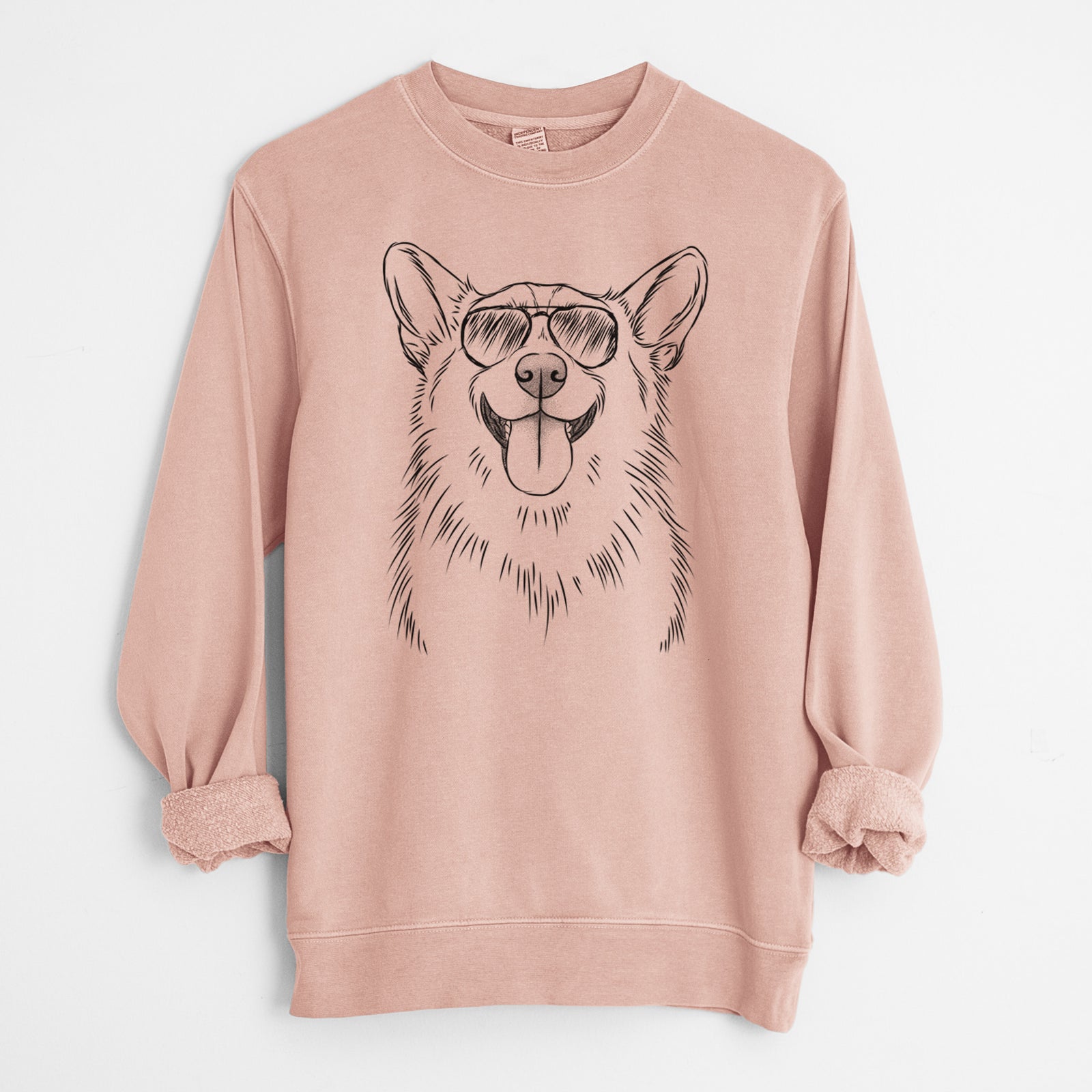 Hand-drawn sketch of Porter the Pembroke Welsh Corgi wearing aviator sunglasses on a Dusty Pink Unisex pigment dyed crew sweatshirt