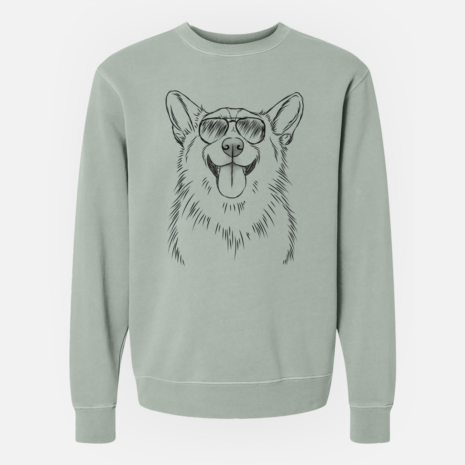 Hand-drawn sketch of Porter the Pembroke Welsh Corgi wearing aviator sunglasses on a Sage Unisex pigment dyed crew sweatshirt