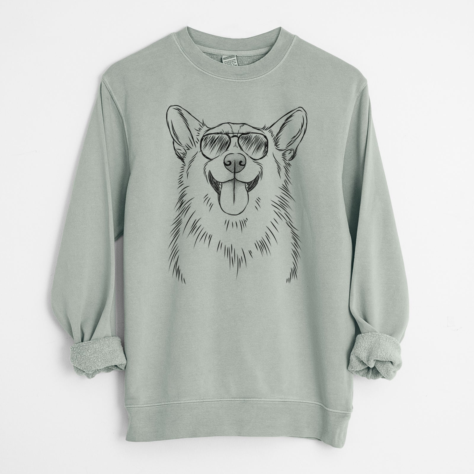 Hand-drawn sketch of Porter the Pembroke Welsh Corgi wearing aviator sunglasses on a Sage Unisex pigment dyed crew sweatshirt