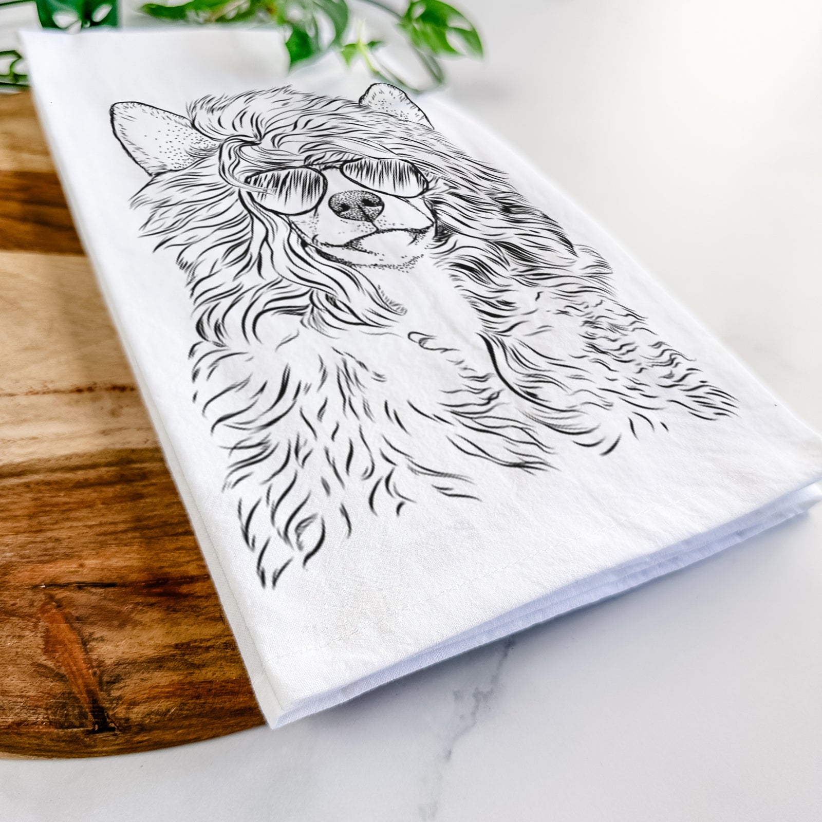 Hand-drawn sketch of Preston the Powderpuff Chinese Crested wearing aviator sunglasses on a tea towel
