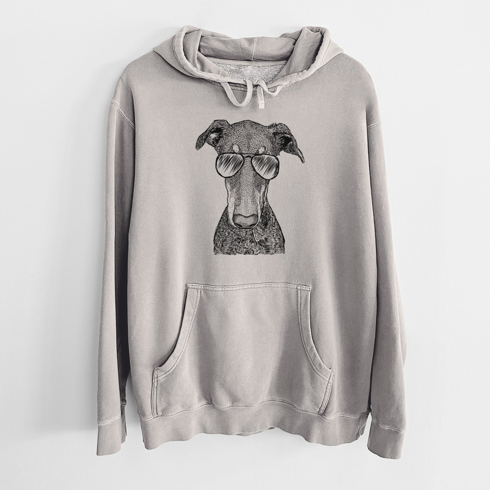 Hand-drawn sketch of Princess Fiona the Doberman Pinscher wearing aviator sunglasses on a Cement Unisex pigment dyed hoodie
