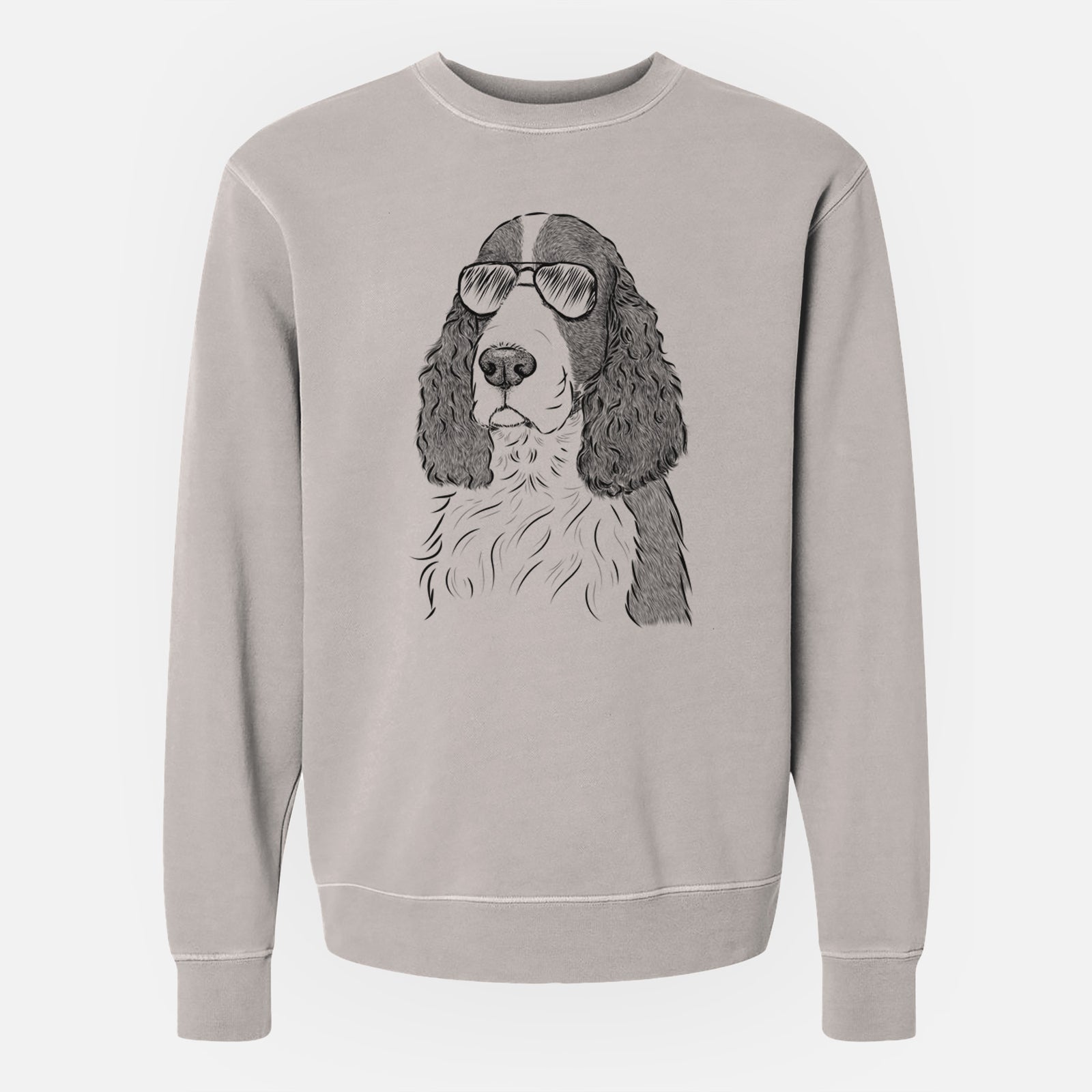 Hand-drawn sketch of Quincy the English Springer Spaniel wearing aviator sunglasses on a Cement Unisex pigment dyed crew sweatshirt