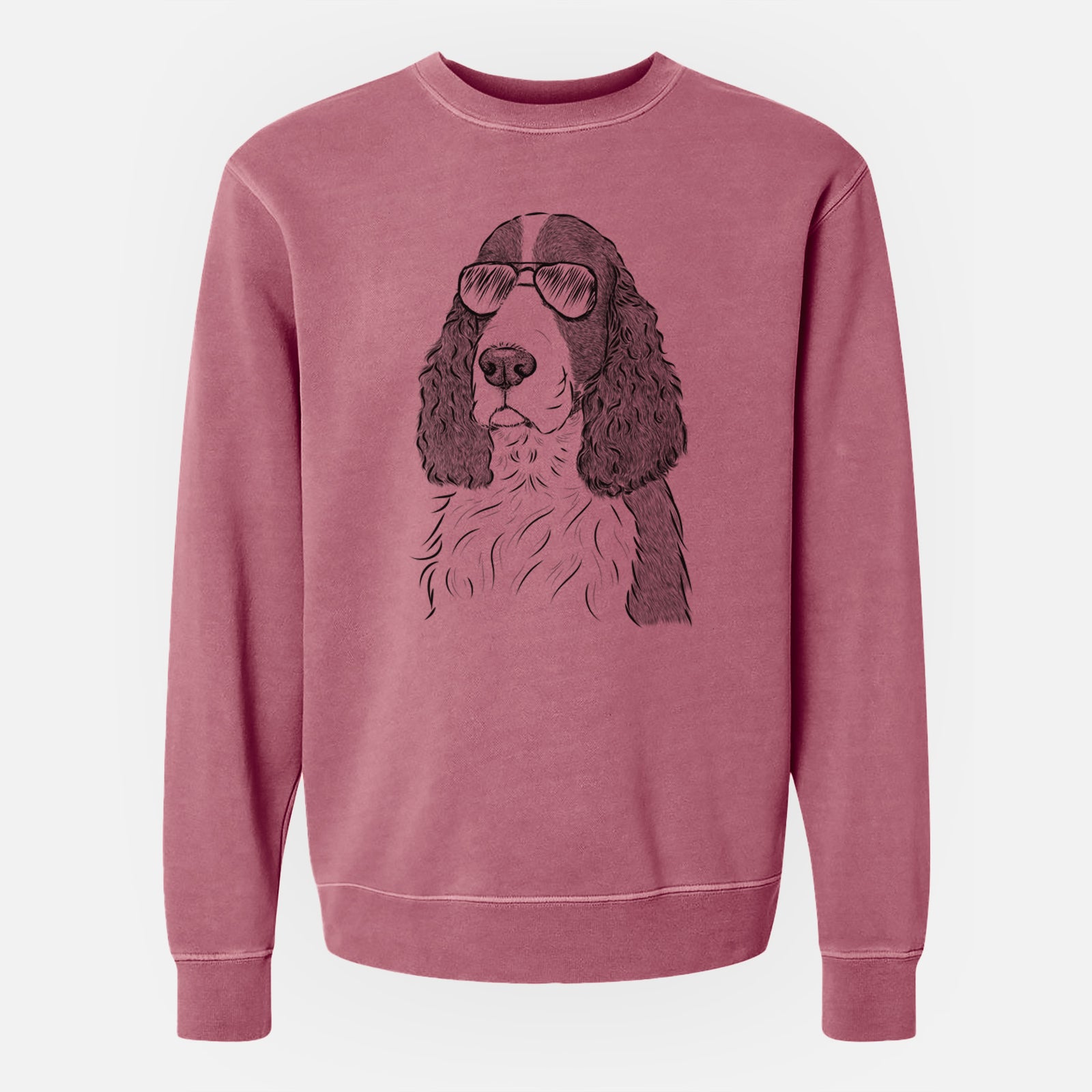 Hand-drawn sketch of Quincy the English Springer Spaniel wearing aviator sunglasses on a Maroon Unisex pigment dyed crew sweatshirt