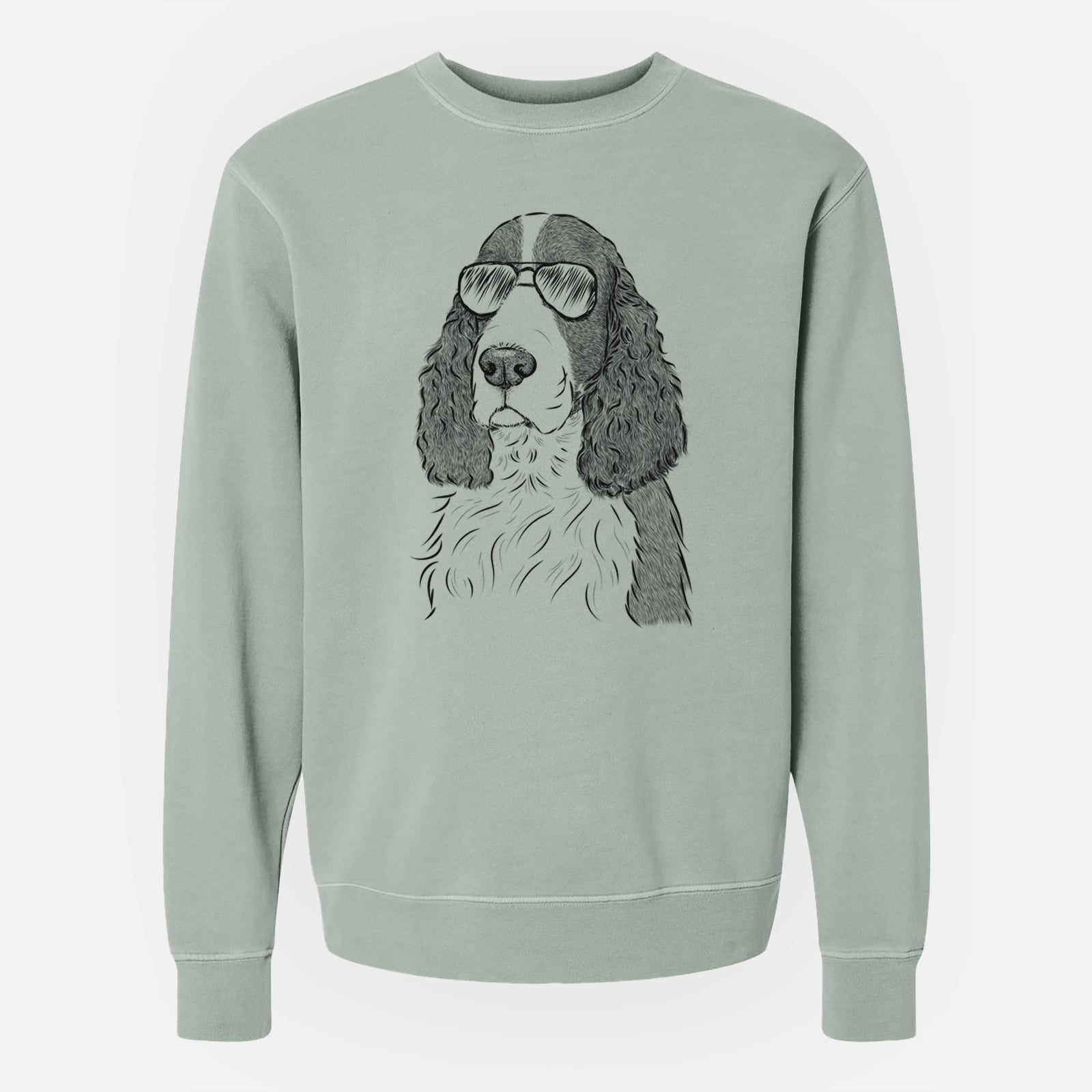 Hand-drawn sketch of Quincy the English Springer Spaniel wearing aviator sunglasses on a Sage Unisex pigment dyed crew sweatshirt