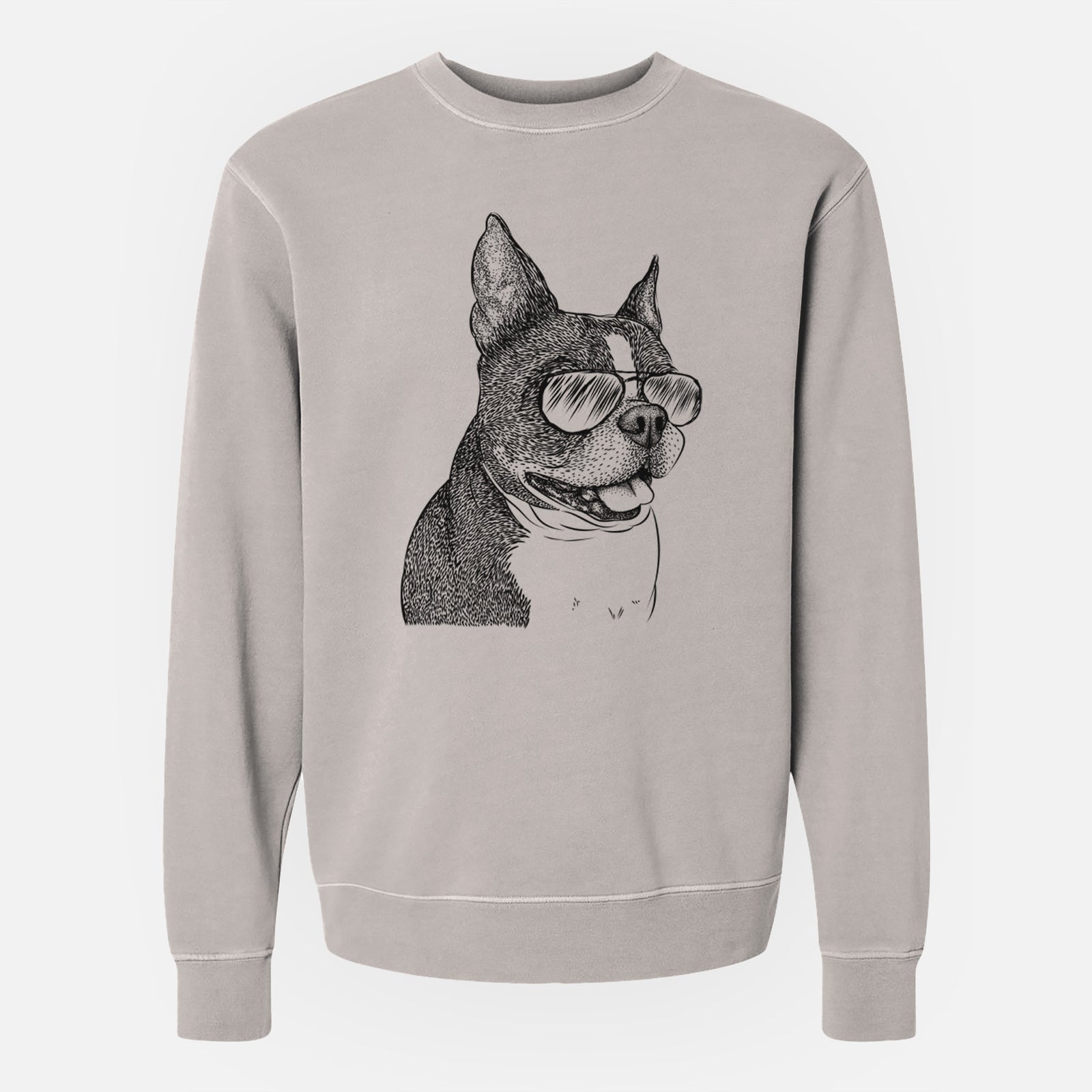 Hand-drawn sketch of Ralphie the Boston Terrier wearing aviator sunglasses on a Cement Unisex pigment dyed crew sweatshirt