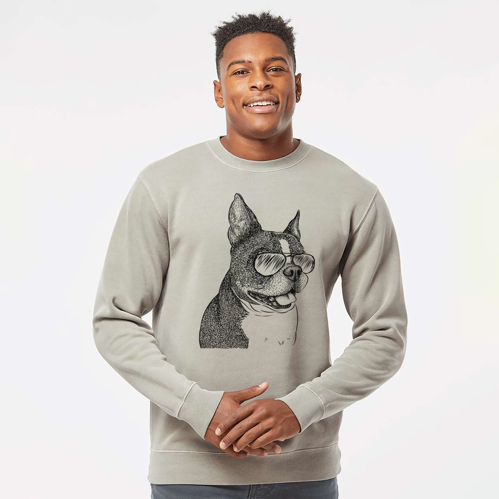 Hand-drawn sketch of Ralphie the Boston Terrier wearing aviator sunglasses on a Cement Unisex pigment dyed crew sweatshirt