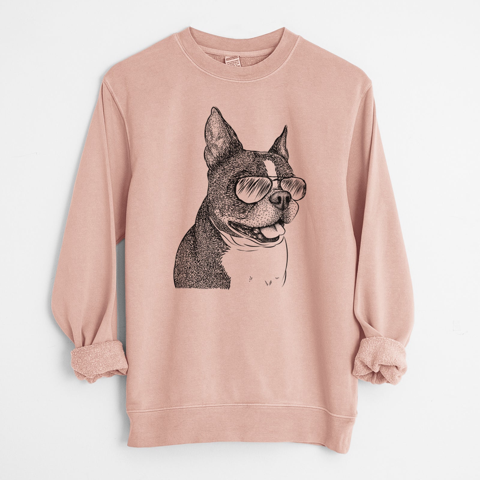 Hand-drawn sketch of Ralphie the Boston Terrier wearing aviator sunglasses on a Dusty Pink Unisex pigment dyed crew sweatshirt