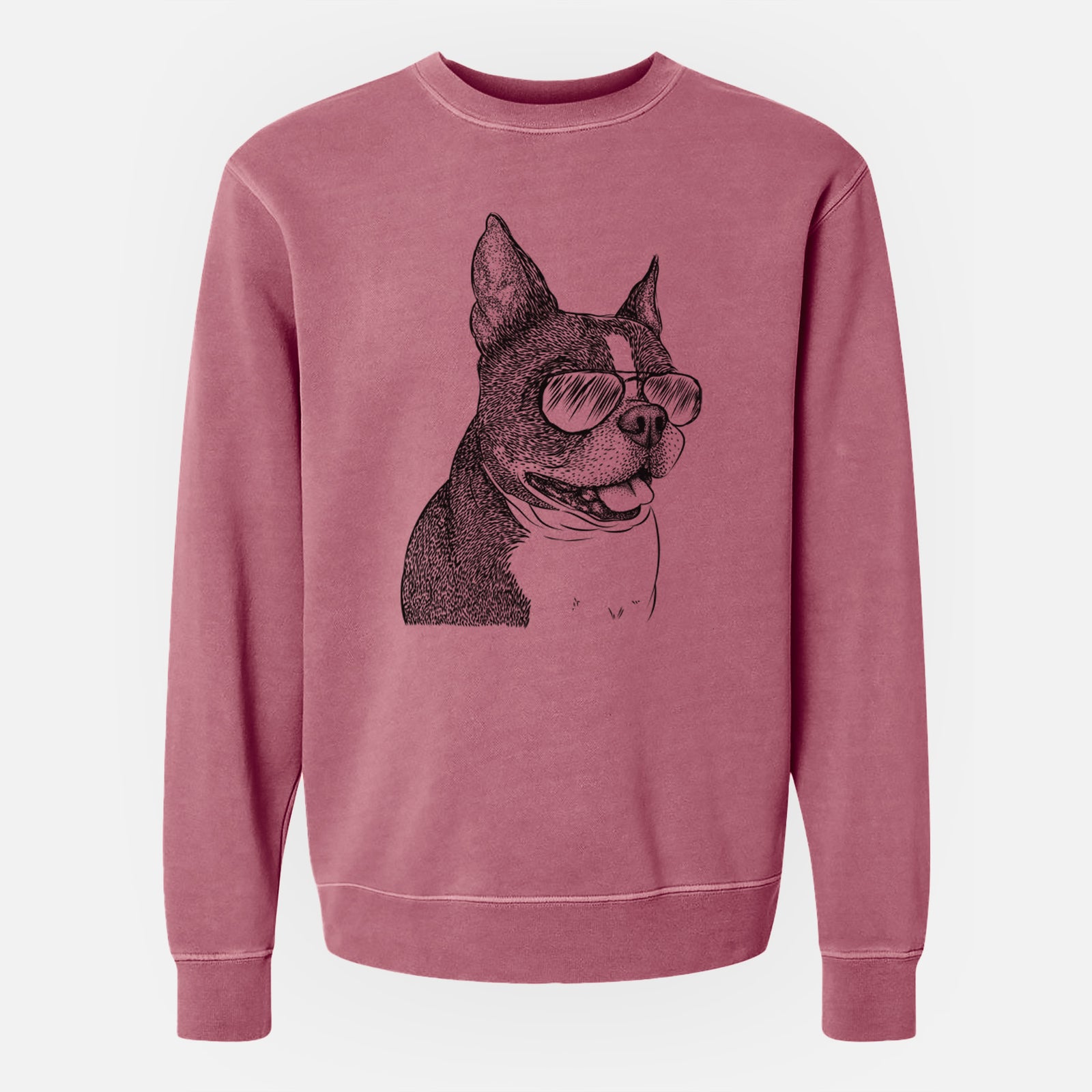 Hand-drawn sketch of Ralphie the Boston Terrier wearing aviator sunglasses on a Maroon Unisex pigment dyed crew sweatshirt