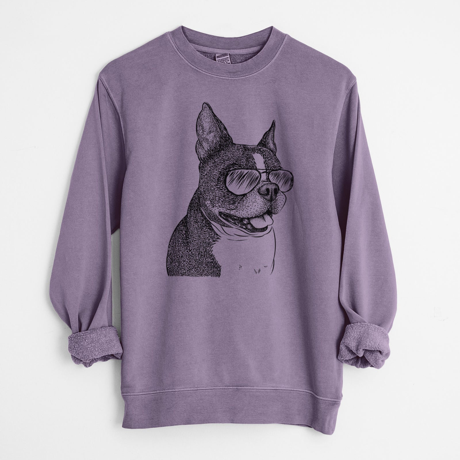 Hand-drawn sketch of Ralphie the Boston Terrier wearing aviator sunglasses on a Plum Unisex pigment dyed crew sweatshirt