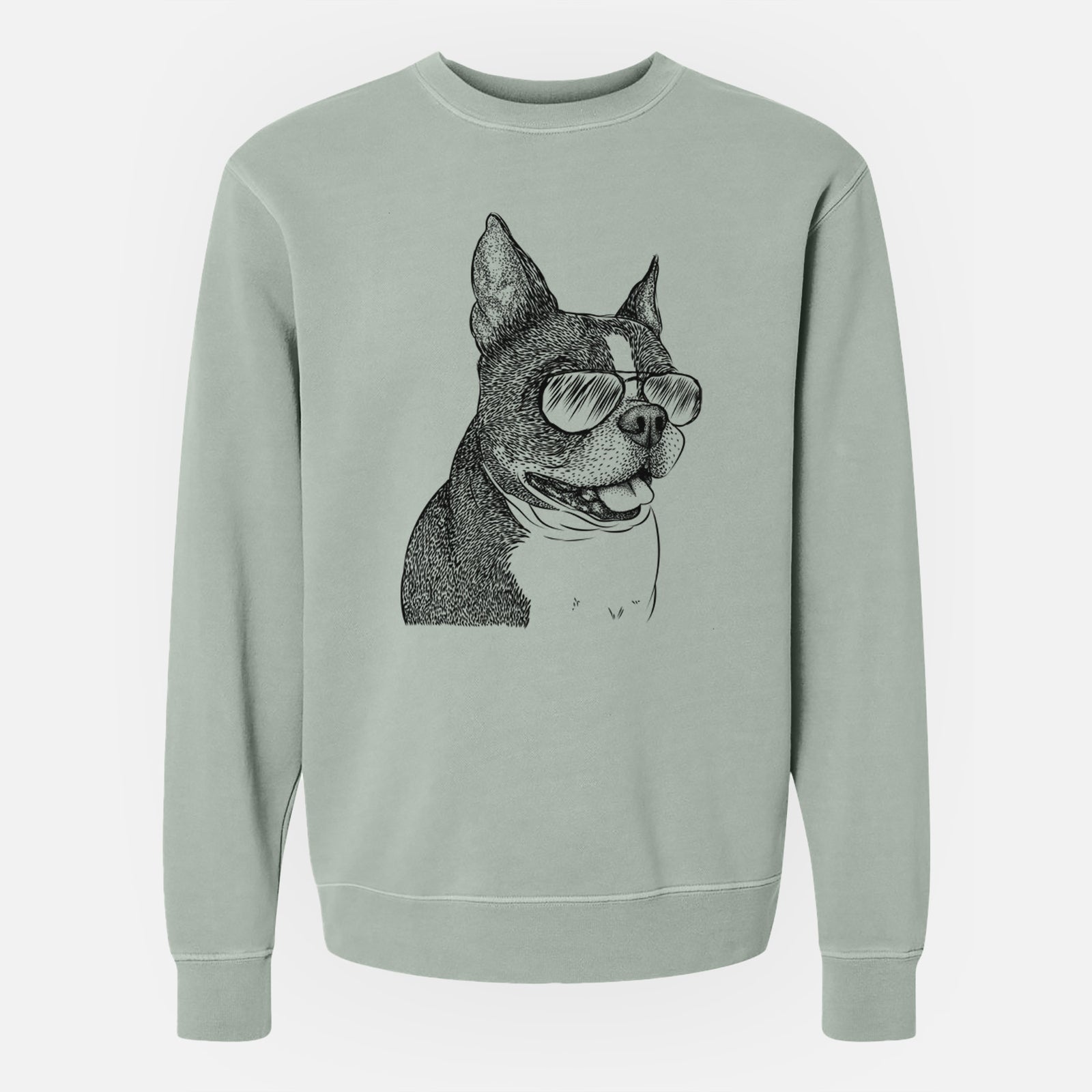 Hand-drawn sketch of Ralphie the Boston Terrier wearing aviator sunglasses on a Sage Unisex pigment dyed crew sweatshirt