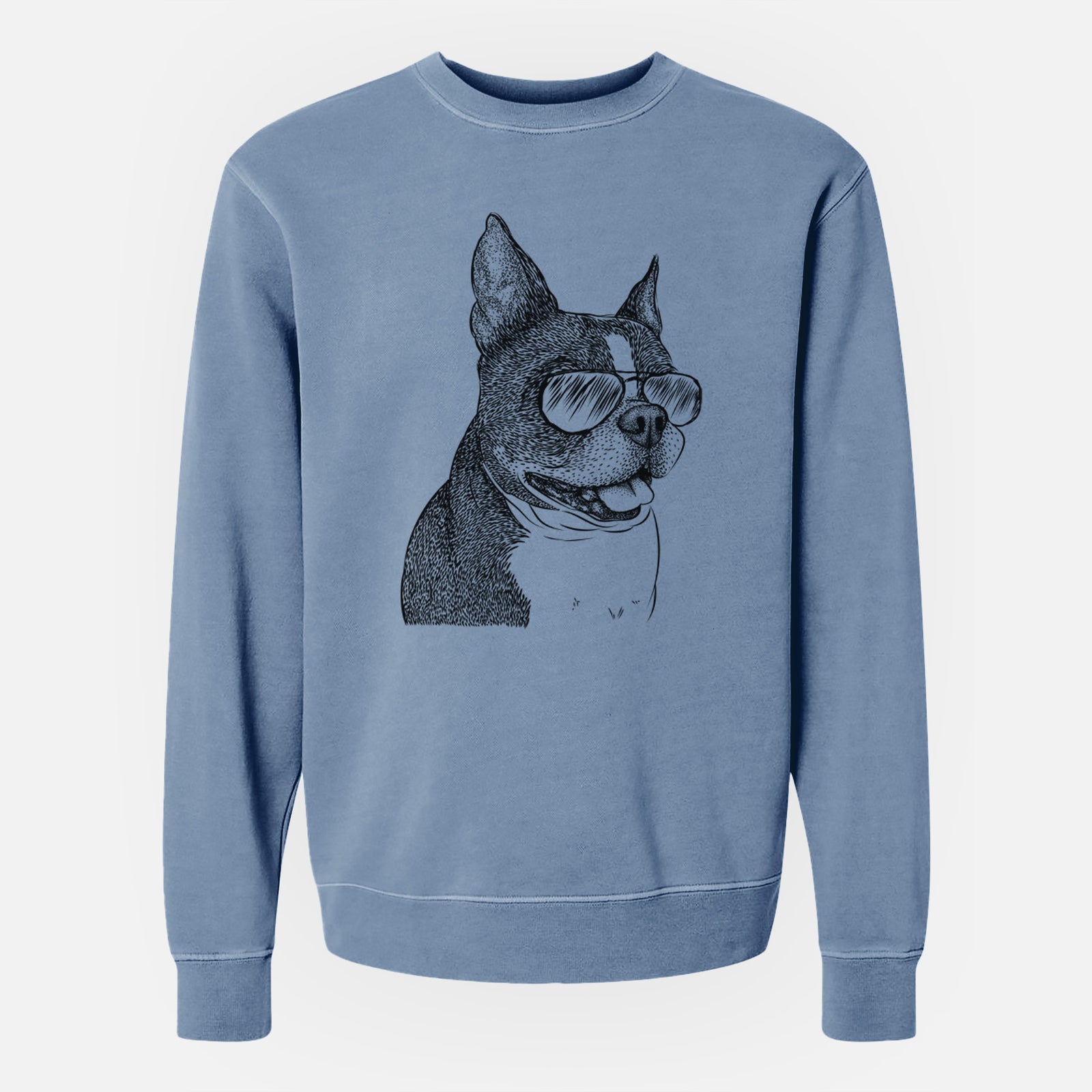 Hand-drawn sketch of Ralphie the Boston Terrier wearing aviator sunglasses on a Slate Blue Unisex pigment dyed crew sweatshirt