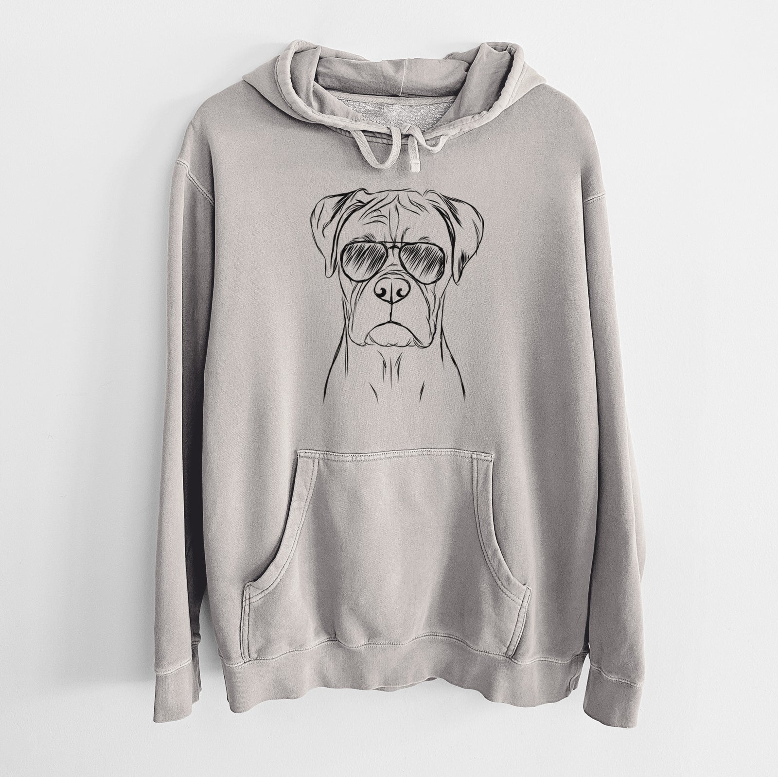 Hand-drawn sketch of Reese the Boxer wearing aviator sunglasses on a Cement Unisex pigment dyed hoodie
