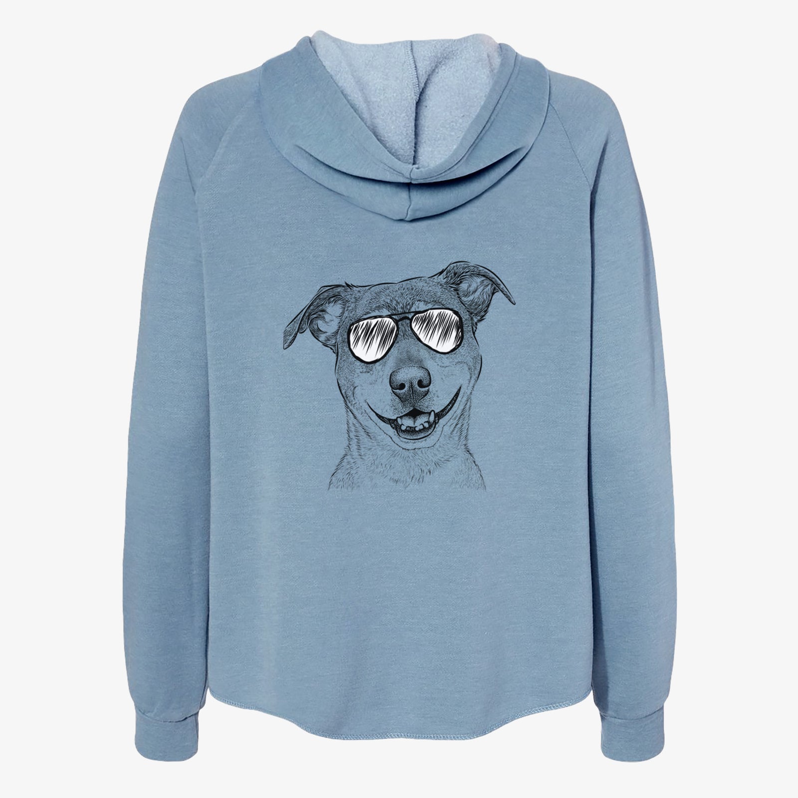 Hand-drawn sketch of Reese the Mountain Cur wearing aviator sunglasses on a Misty Blue Women's cali wave zip-up sweatshirt