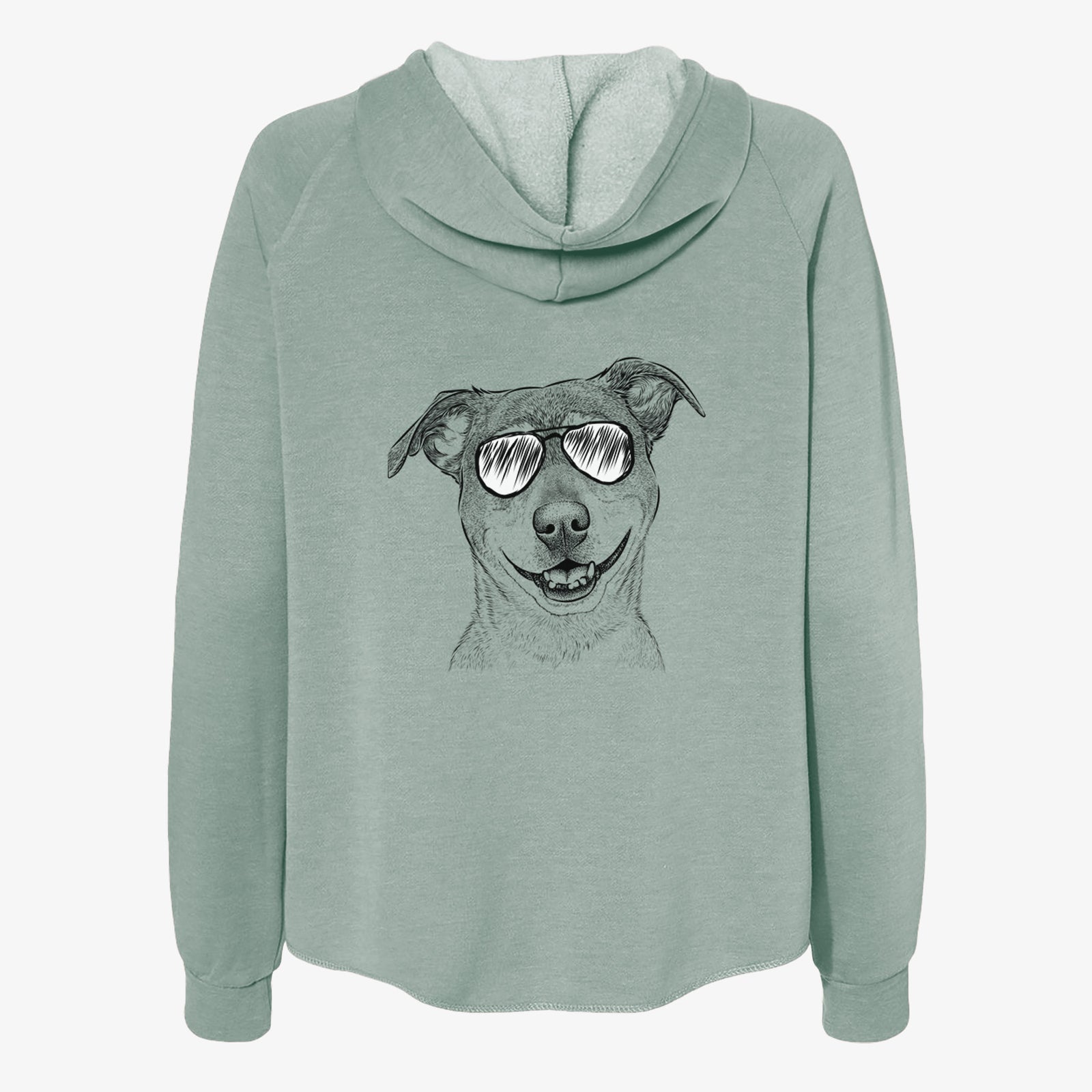 Hand-drawn sketch of Reese the Mountain Cur wearing aviator sunglasses on a Sage Women's cali wave zip-up sweatshirt