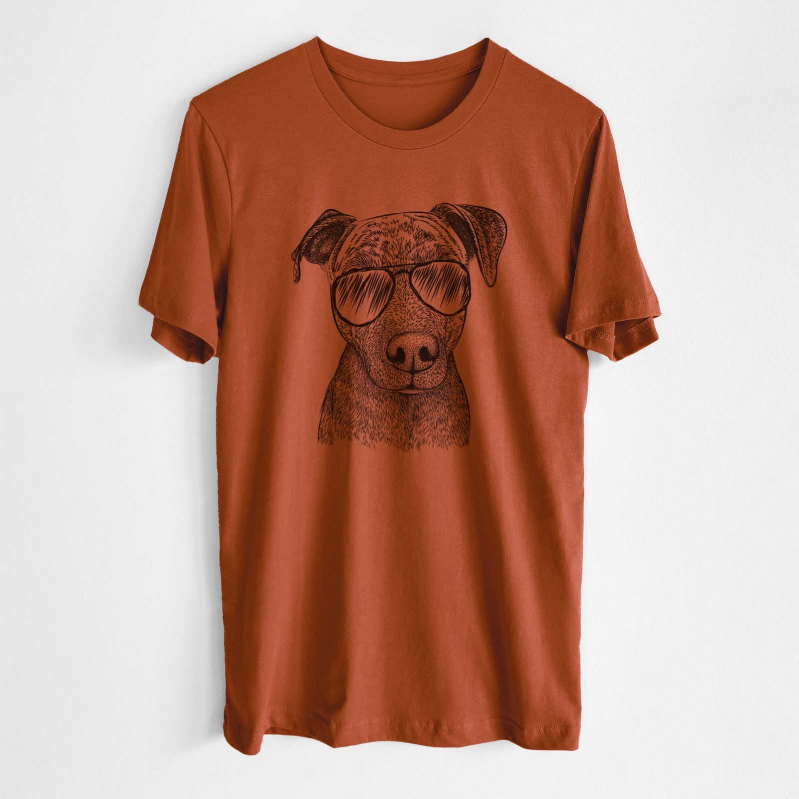 Hand-drawn sketch of Reeses the Pitbull wearing aviator sunglasses on an Autumn Unisex crewneck, worn by a man