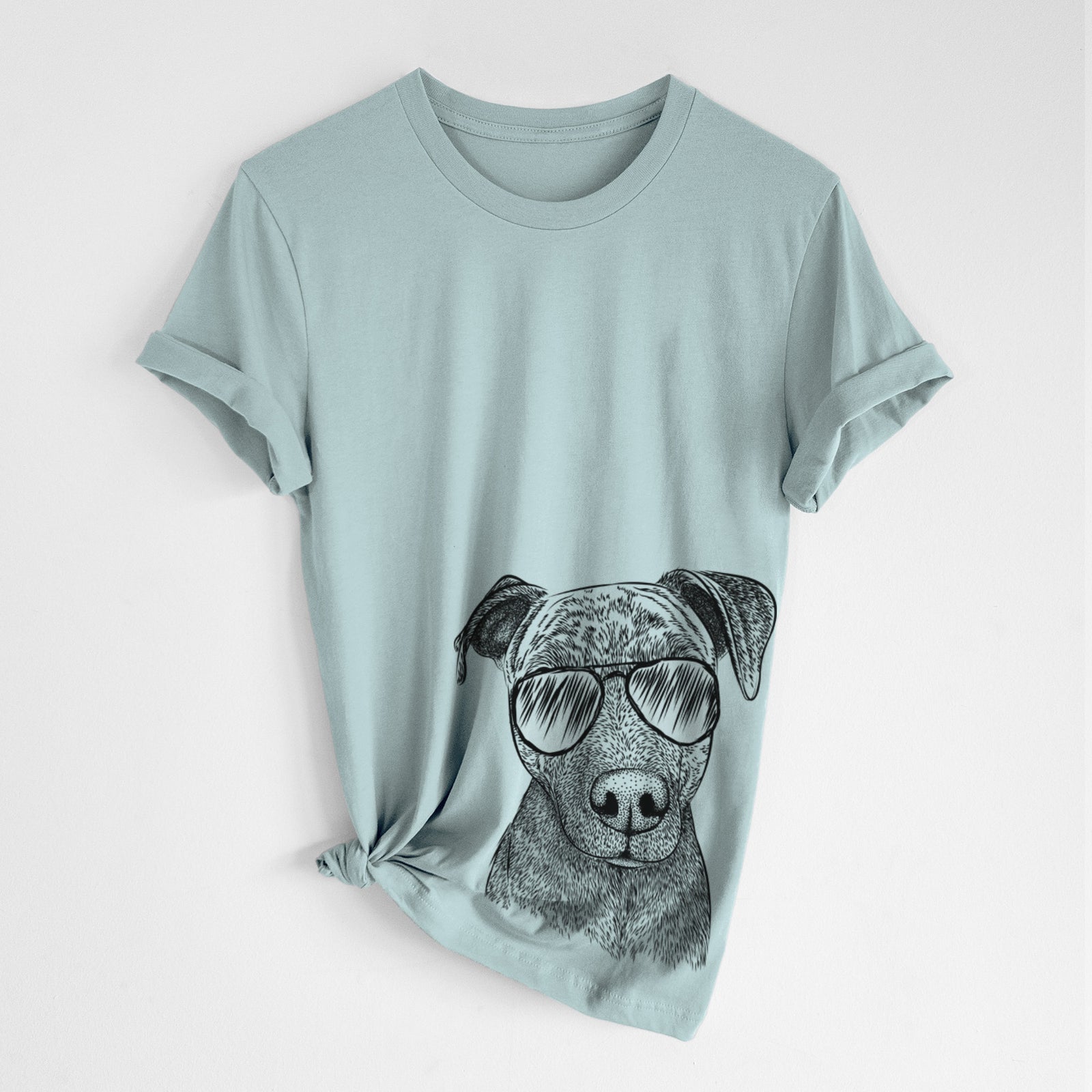 Hand-drawn sketch of Reeses the Pitbull wearing aviator sunglasses on a Dusty Blue Unisex crewneck, worn by a woman