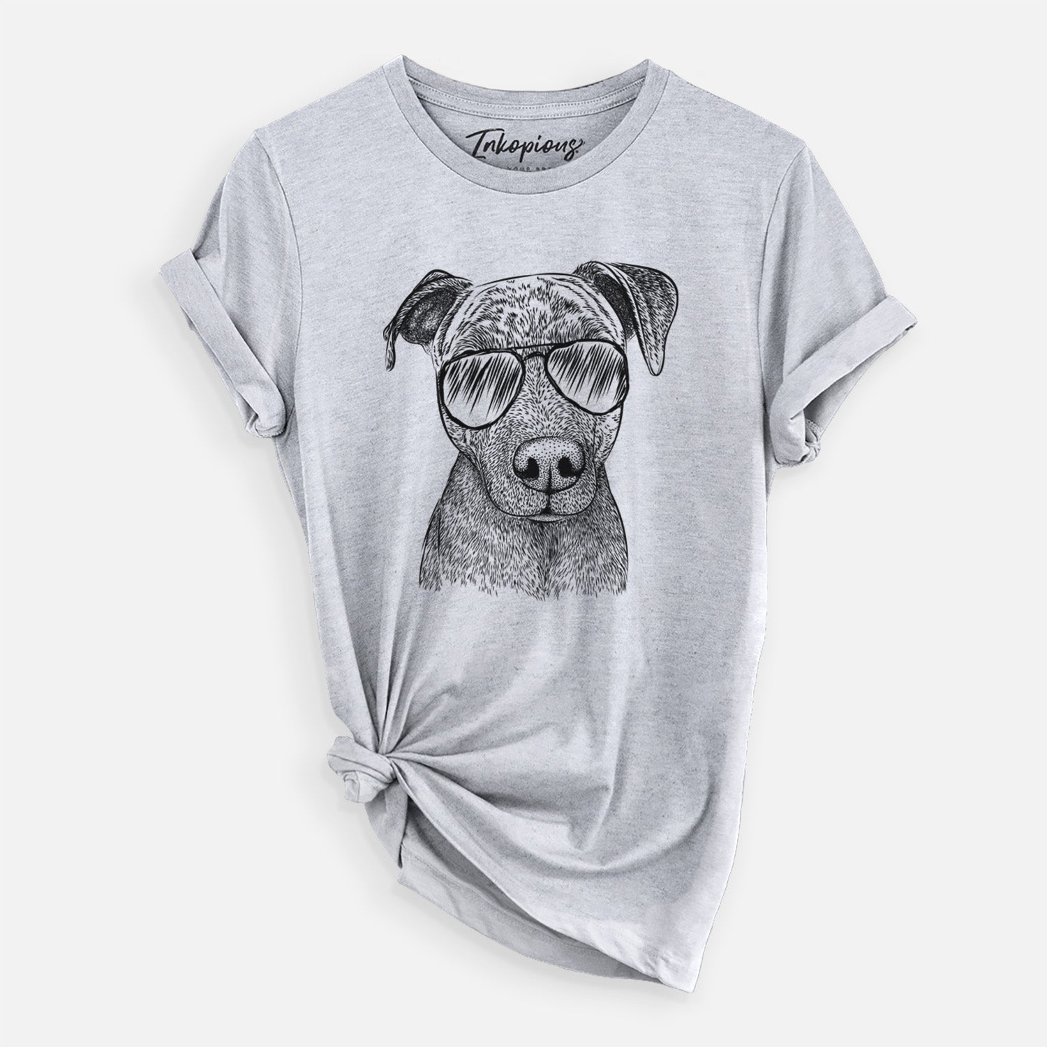 Hand-drawn sketch of Reeses the Pitbull wearing aviator sunglasses on a Grey Unisex crewneck, worn by a woman