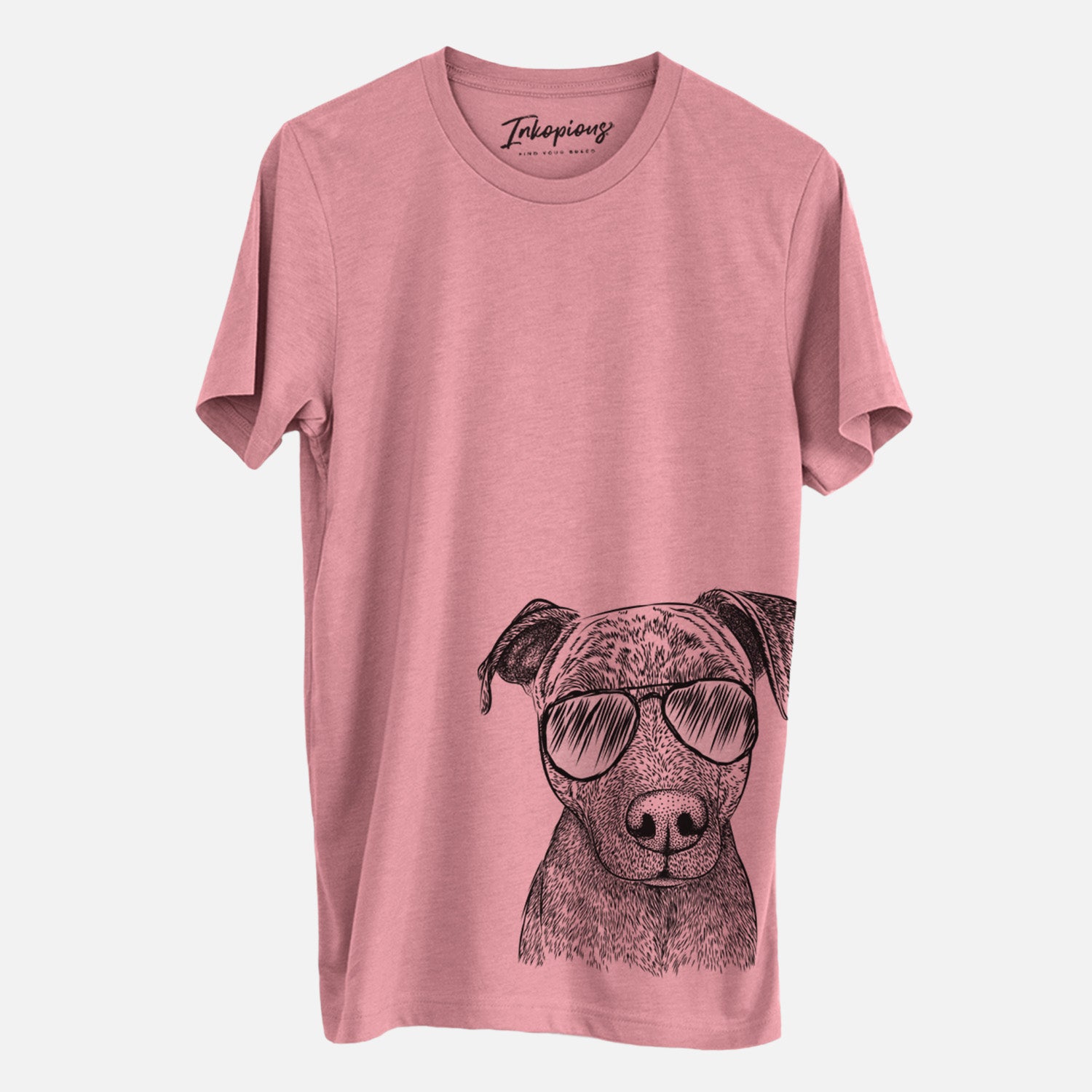 Hand-drawn sketch of Reeses the Pitbull wearing aviator sunglasses on a Mauve Unisex crewneck, worn by a man