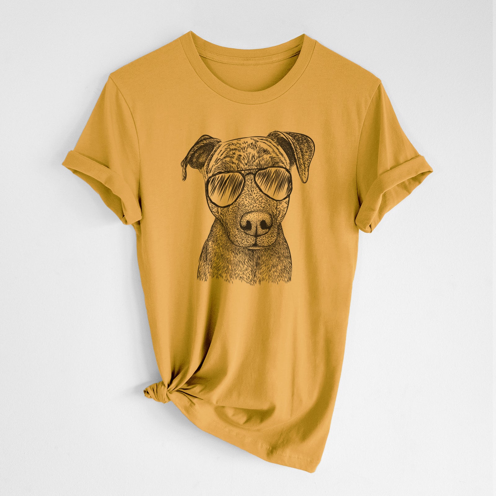 Hand-drawn sketch of Reeses the Pitbull wearing aviator sunglasses on a Mustard Unisex crewneck, worn by a woman