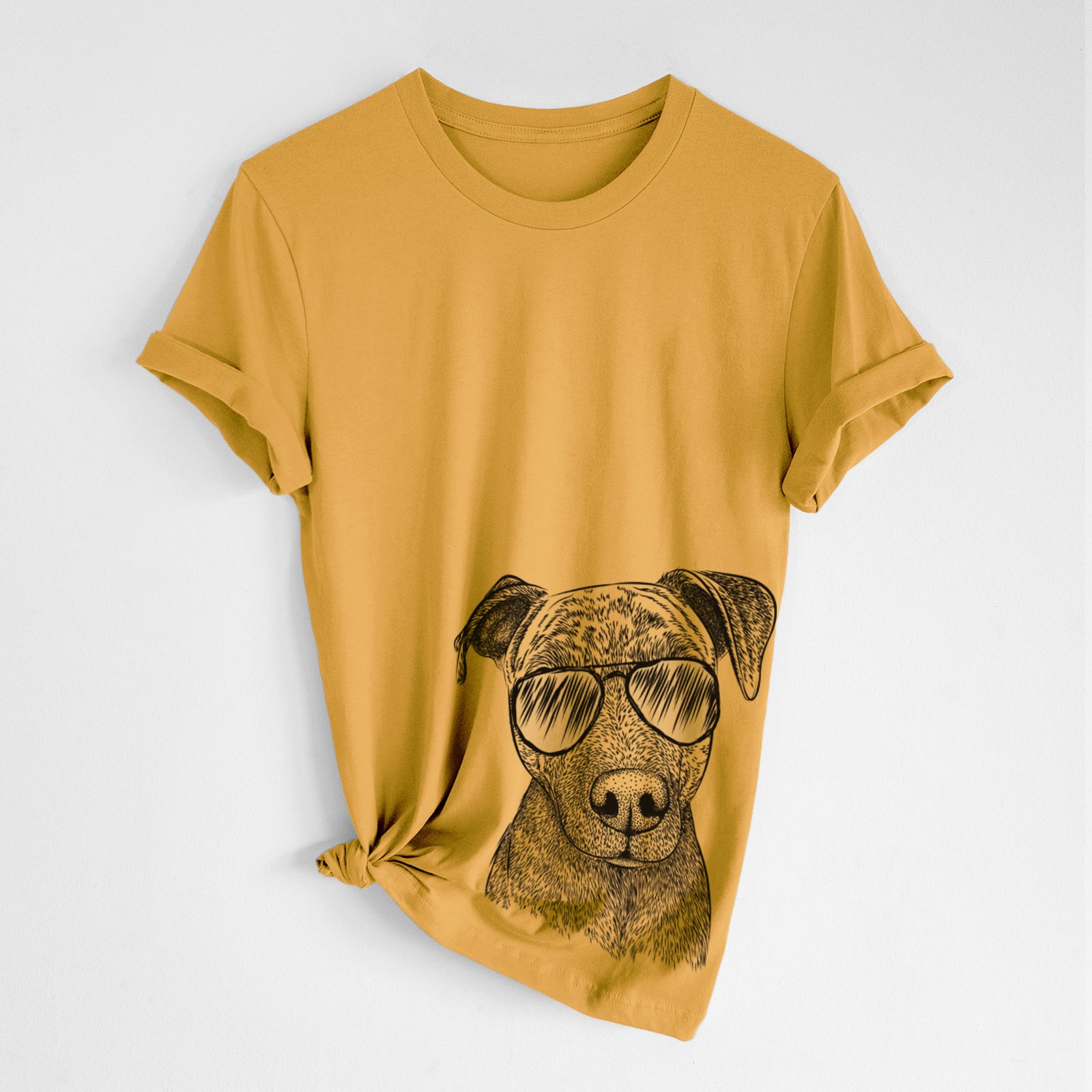 Hand-drawn sketch of Reeses the Pitbull wearing aviator sunglasses on a Mustard Unisex crewneck, worn by a woman