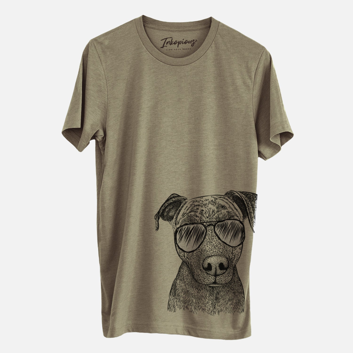 Hand-drawn sketch of Reeses the Pitbull wearing aviator sunglasses on an Olive Unisex crewneck, worn by a man
