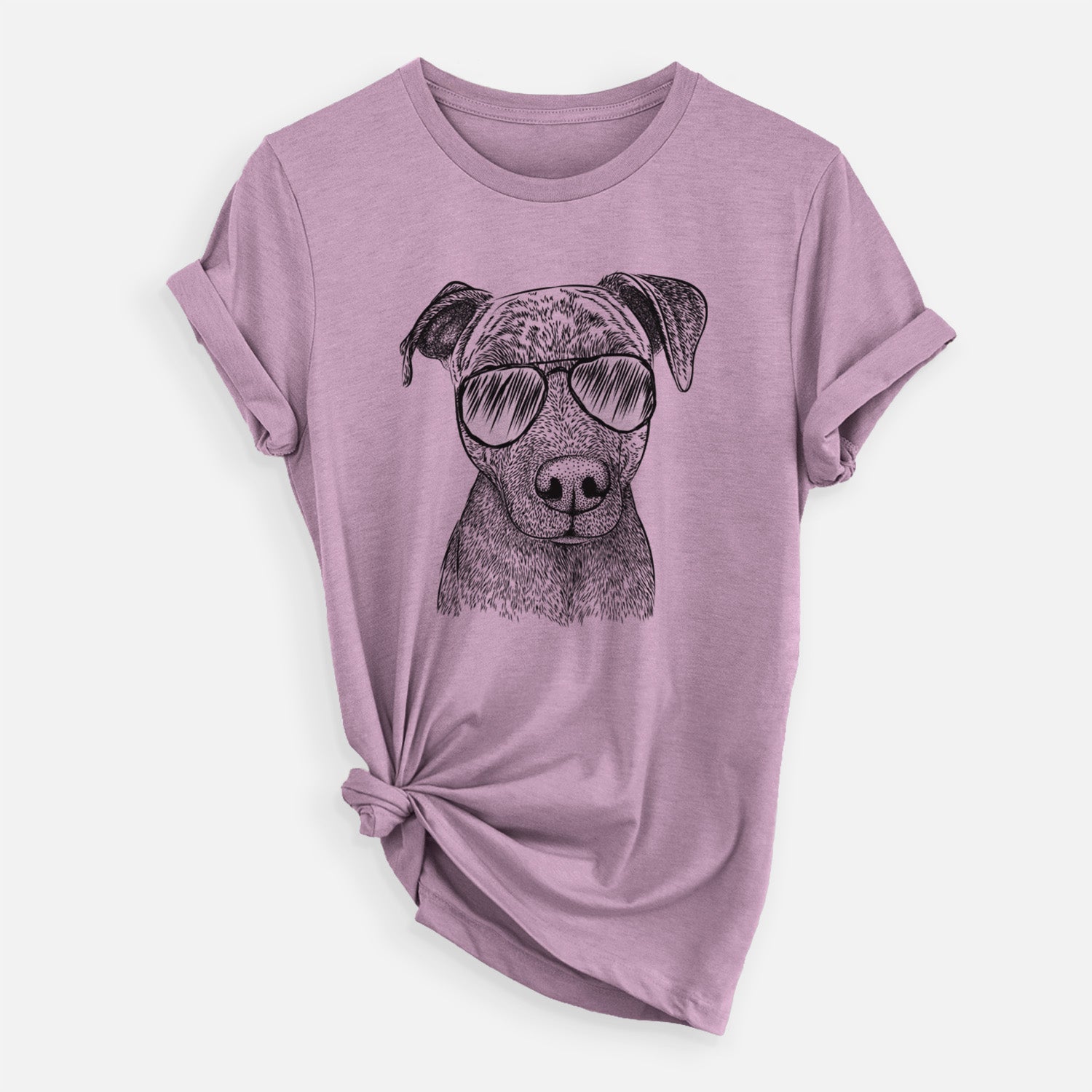Hand-drawn sketch of Reeses the Pitbull wearing aviator sunglasses on an Orchid Unisex crewneck, worn by a woman