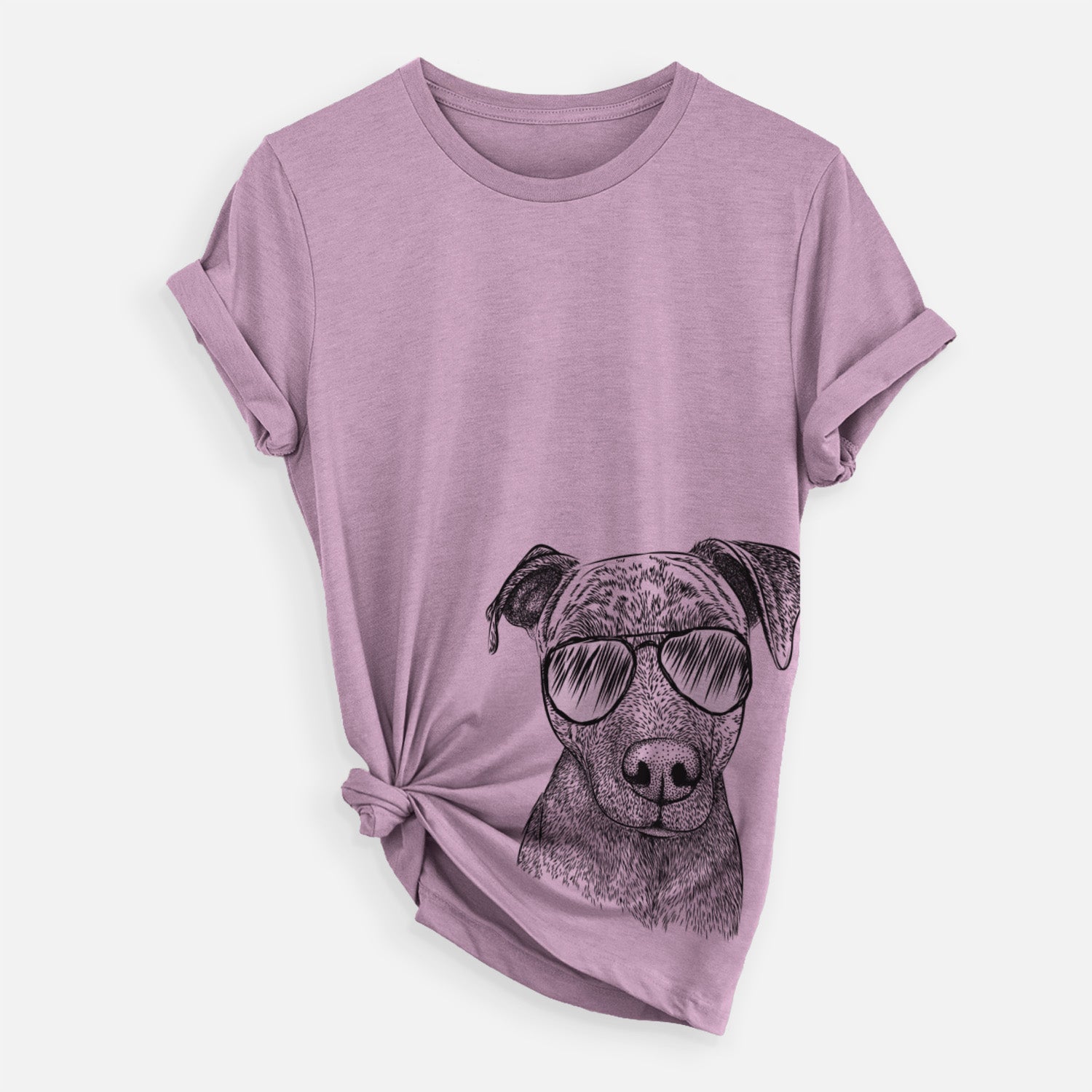 Hand-drawn sketch of Reeses the Pitbull wearing aviator sunglasses on an Orchid Unisex crewneck, worn by a woman