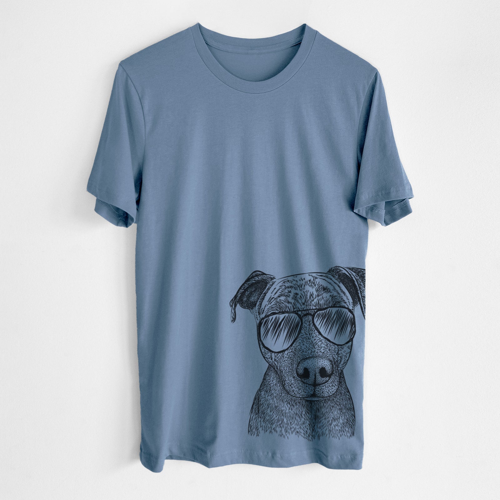 Hand-drawn sketch of Reeses the Pitbull wearing aviator sunglasses on a Steel Blue Unisex crewneck, worn by a man