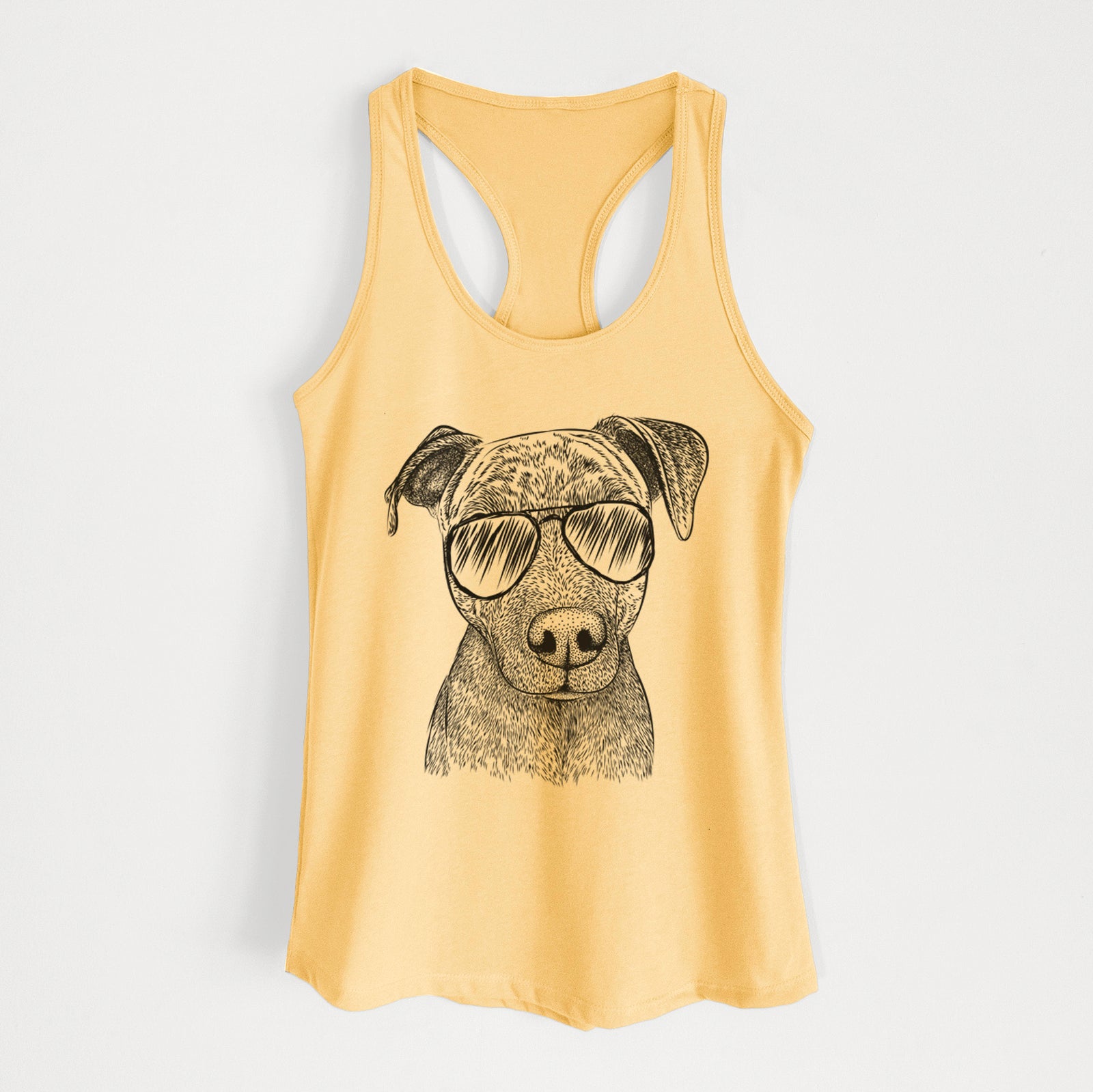 Hand-drawn sketch of Reeses the Pitbull wearing aviator sunglasses on a Banana Cream Women's racerback tanktop